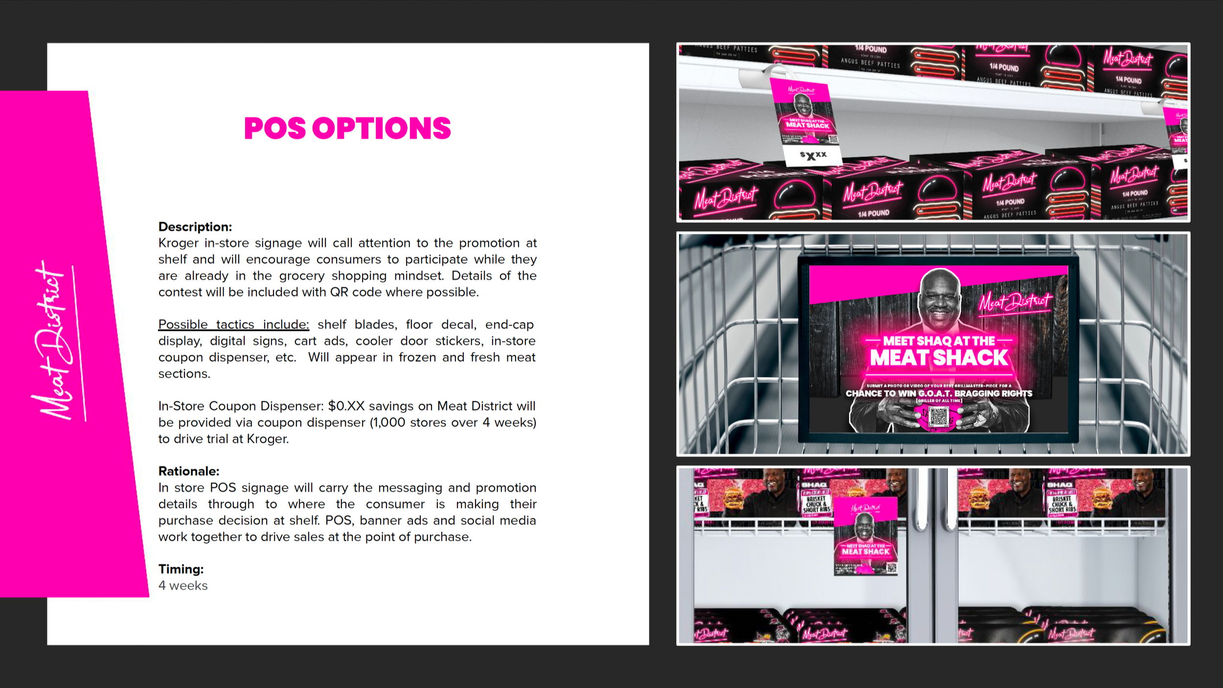 Promotion display for Meat District at Kroger with neon-style signage, posters, and product packaging emphasizing a meat promotion and contest.