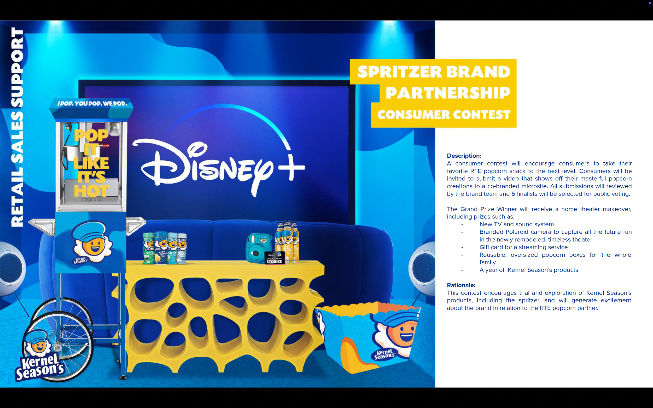 An indoor event space decorated in blue and yellow, featuring a popcorn machine with the Kernel Season's logo, promotional items including popcorn and a camera, and signage for a Disney+ and spritzer brand partnership consumer contest.