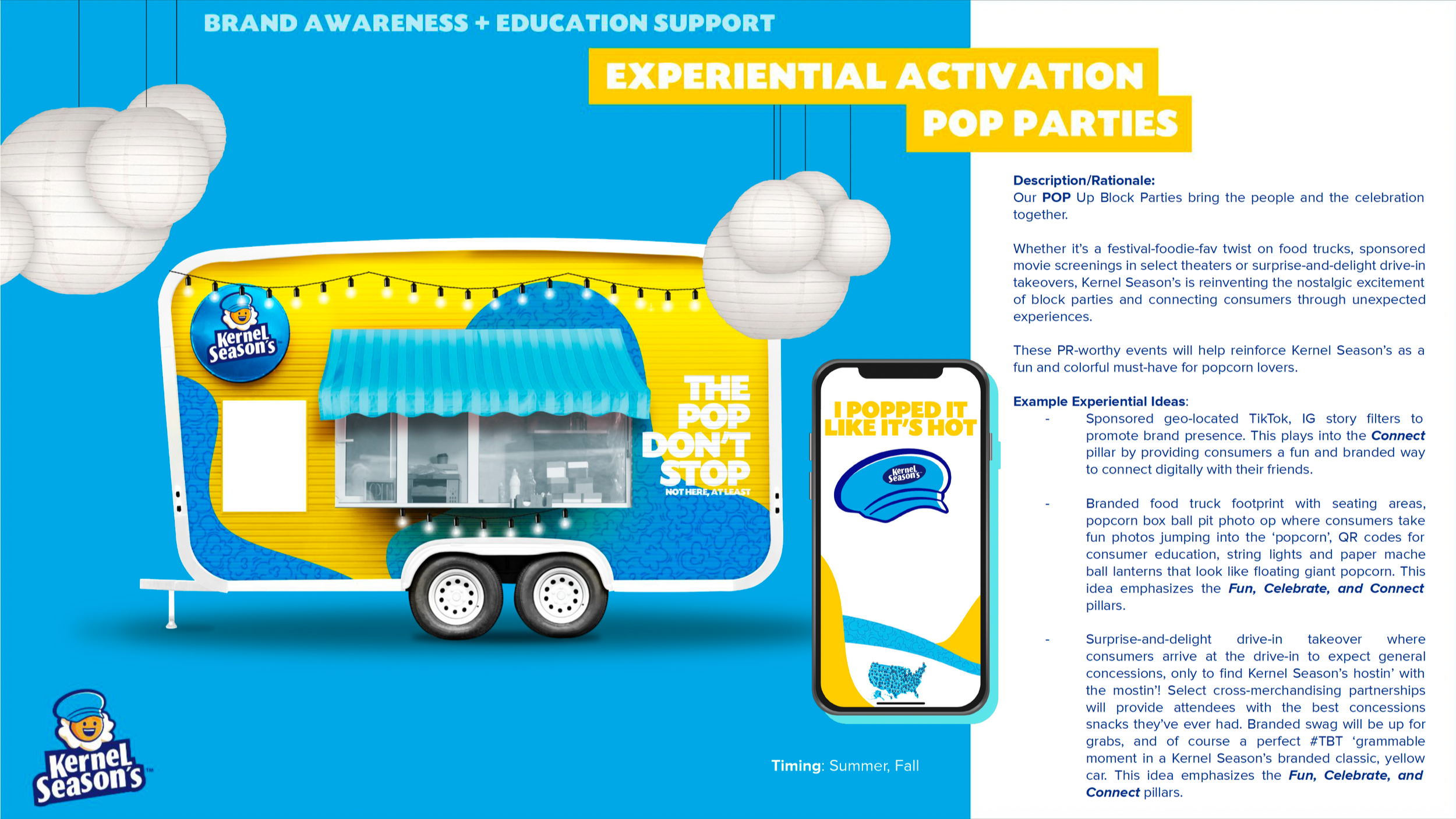A promotional infographic for Kernel Season's brand promoting experiential activation pop parties. The image features a food truck with a blue and yellow color scheme, branded with Kernel Season's logo, and white paper lanterns hanging above it. The 