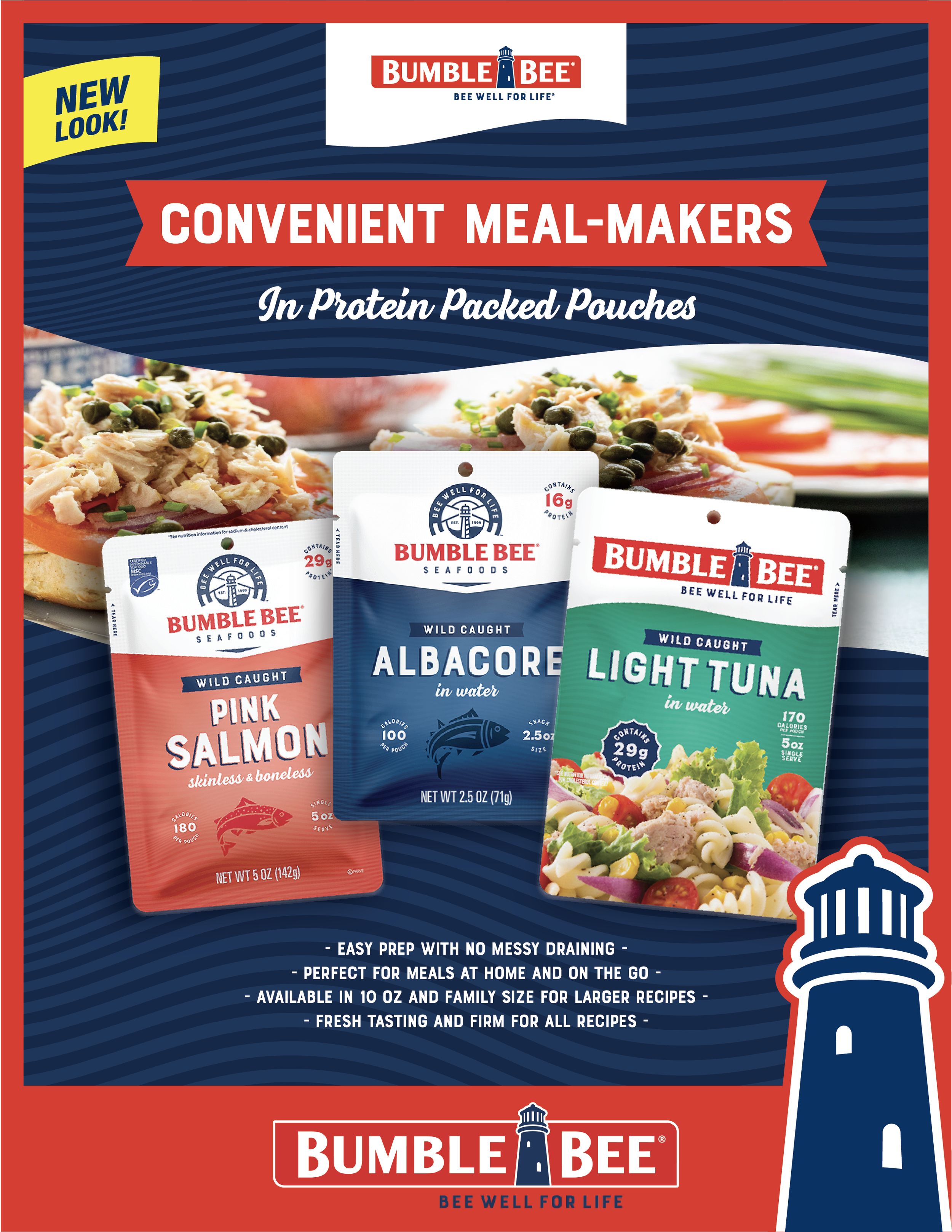 Package of Bumble Bee convenient meal makers with protein packed pouches including Albacore in water, pink salmon in water, and light tuna in water. The packaging emphasizes easy prep, no messy draining, and perfect for meals at home or on the go.