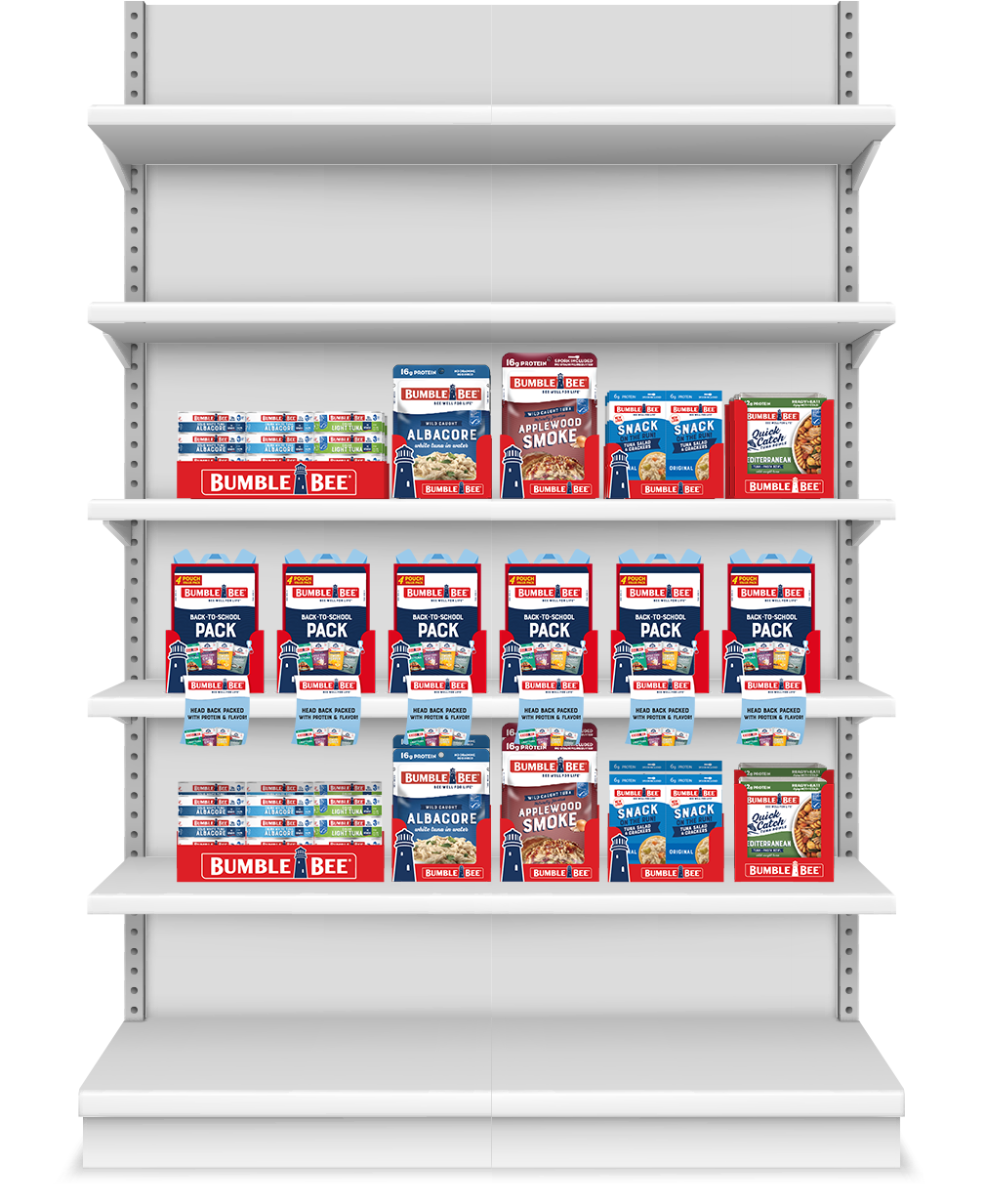 Empty store shelf with multiple packages of Bumble Bee brand tuna and snack items in the middle