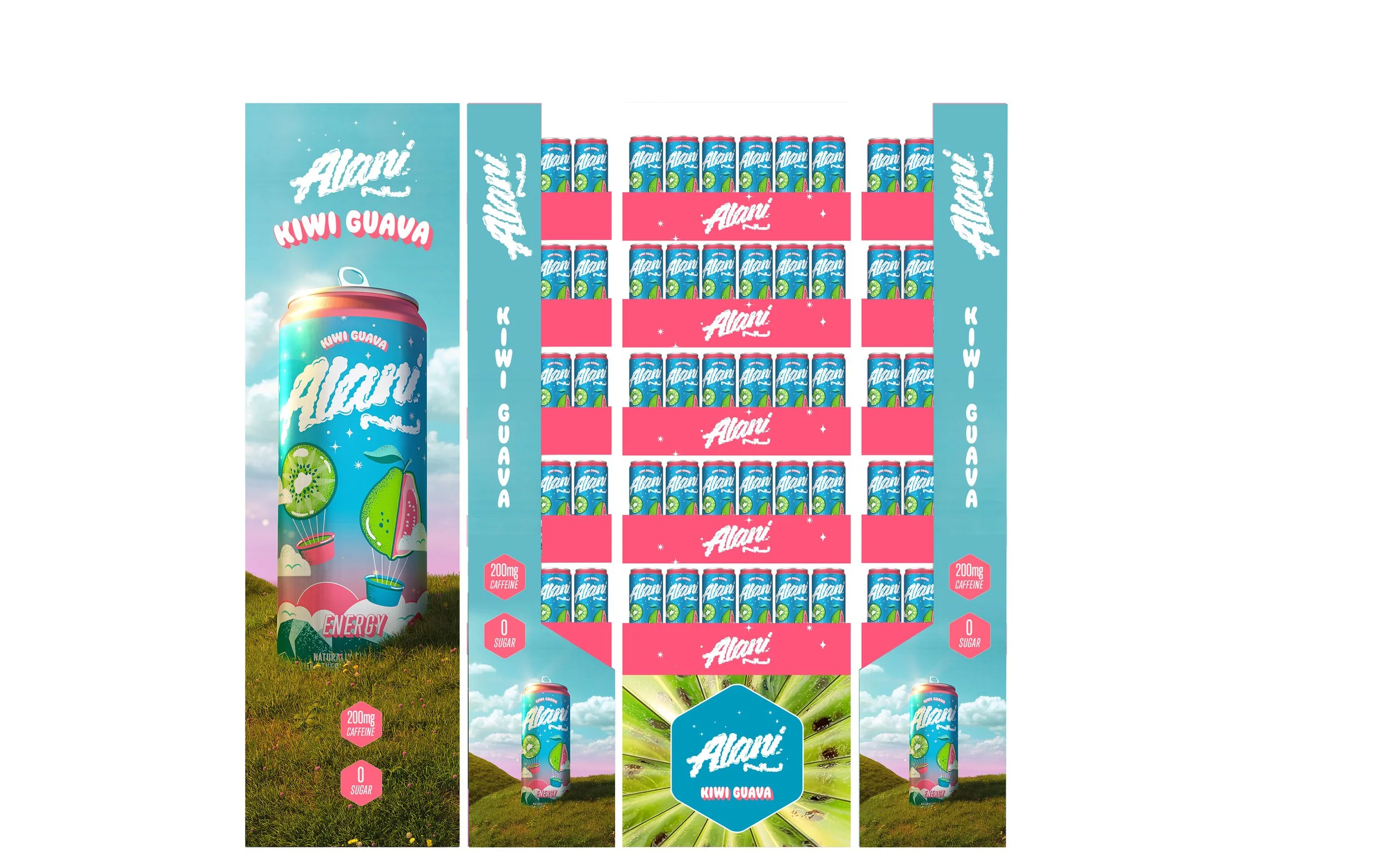 Display for Alani Kiwi Guava flavored energy drink cans on a cardboard stand with a design featuring kiwi, guava fruits, and blue sky background.