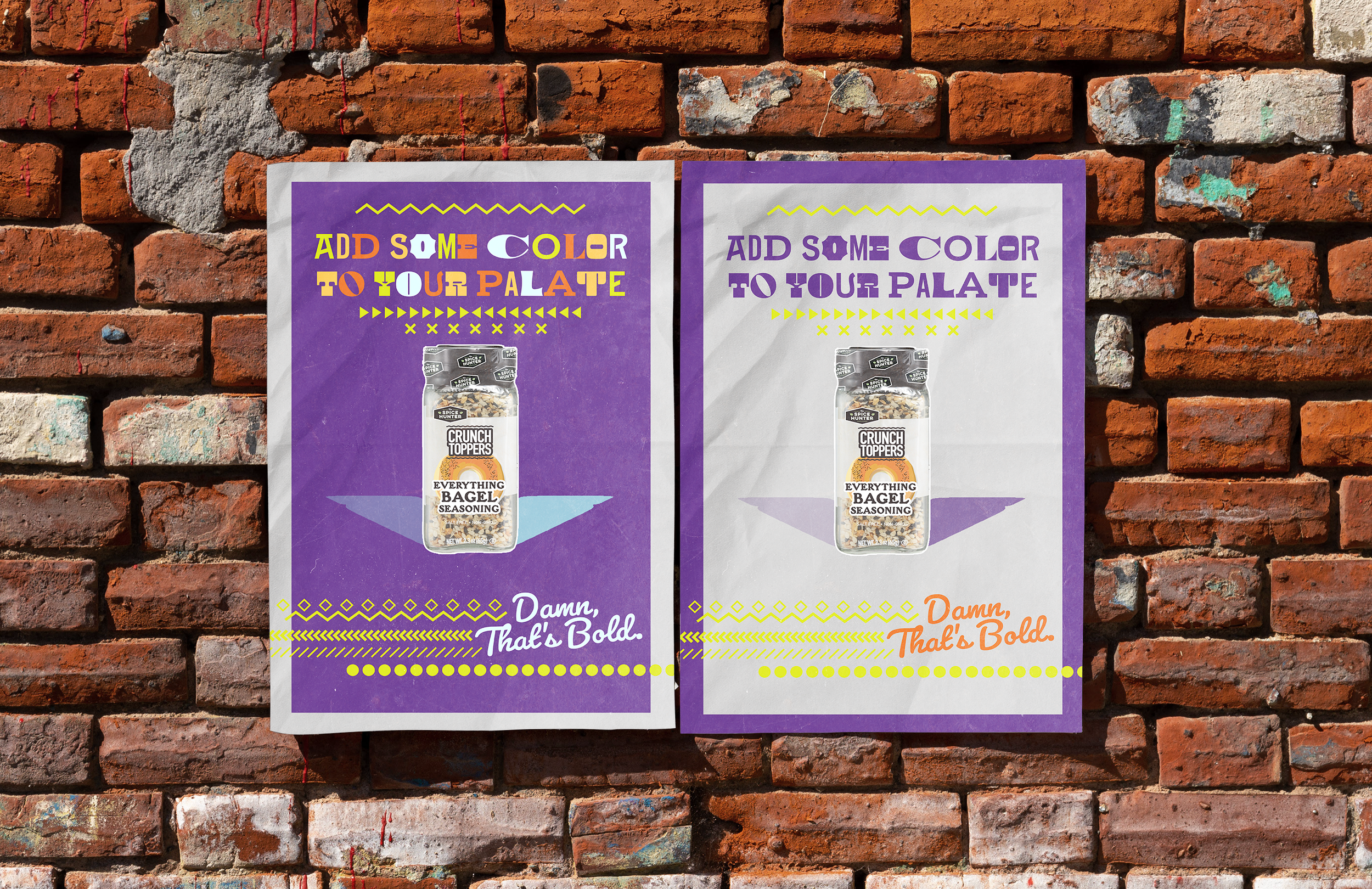 Two posters on a brick wall advertising adding color to your palate with a spice seasoning called 'Everything Bagel.' The posters feature colorful, playful text and an image of a spice jar.