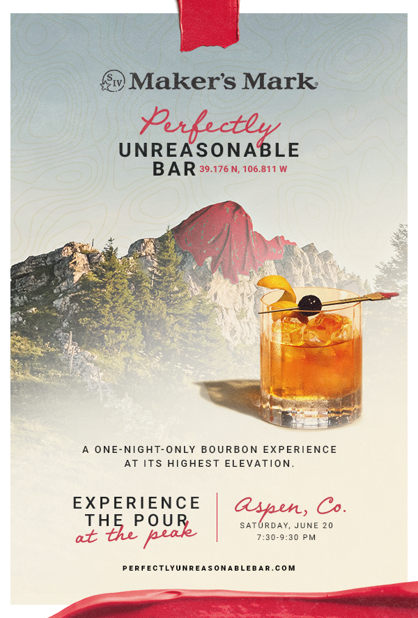 Event flyer for Maker's Mark whiskey featuring a mountain landscape with a red-draped peak, and a cocktail with ice, lemon peel, and cherry in a glass.