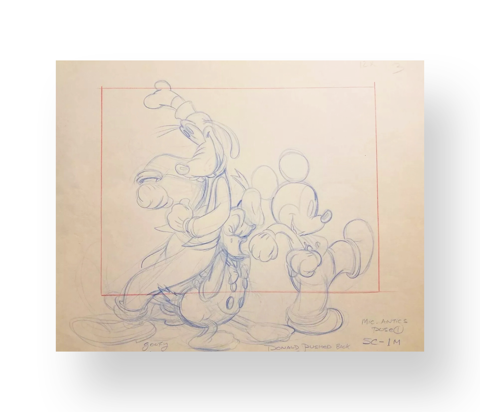 Mickey and Friends Original Illustration production layout Graphite and color pencil on animation paper 10.5 x 12 inches Late 1960’s Walt Disney Studios