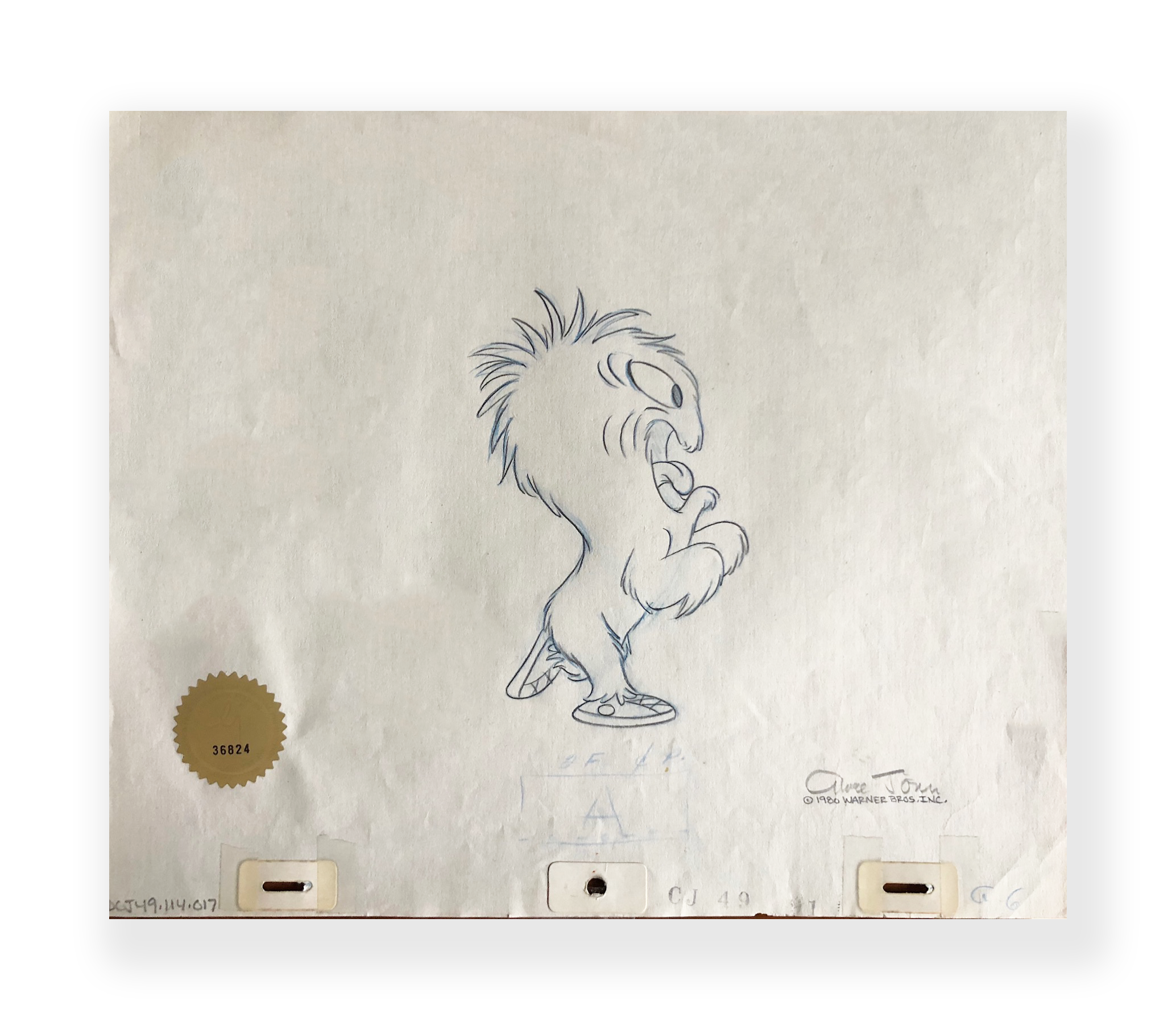 Chuck Jones Gossamer “The Return of Duck Dodgers in the 24th 1/2 Century” Original animation production drawing Graphite on paper 10.5 x 12 inches 1980 Warner Bros. Studio