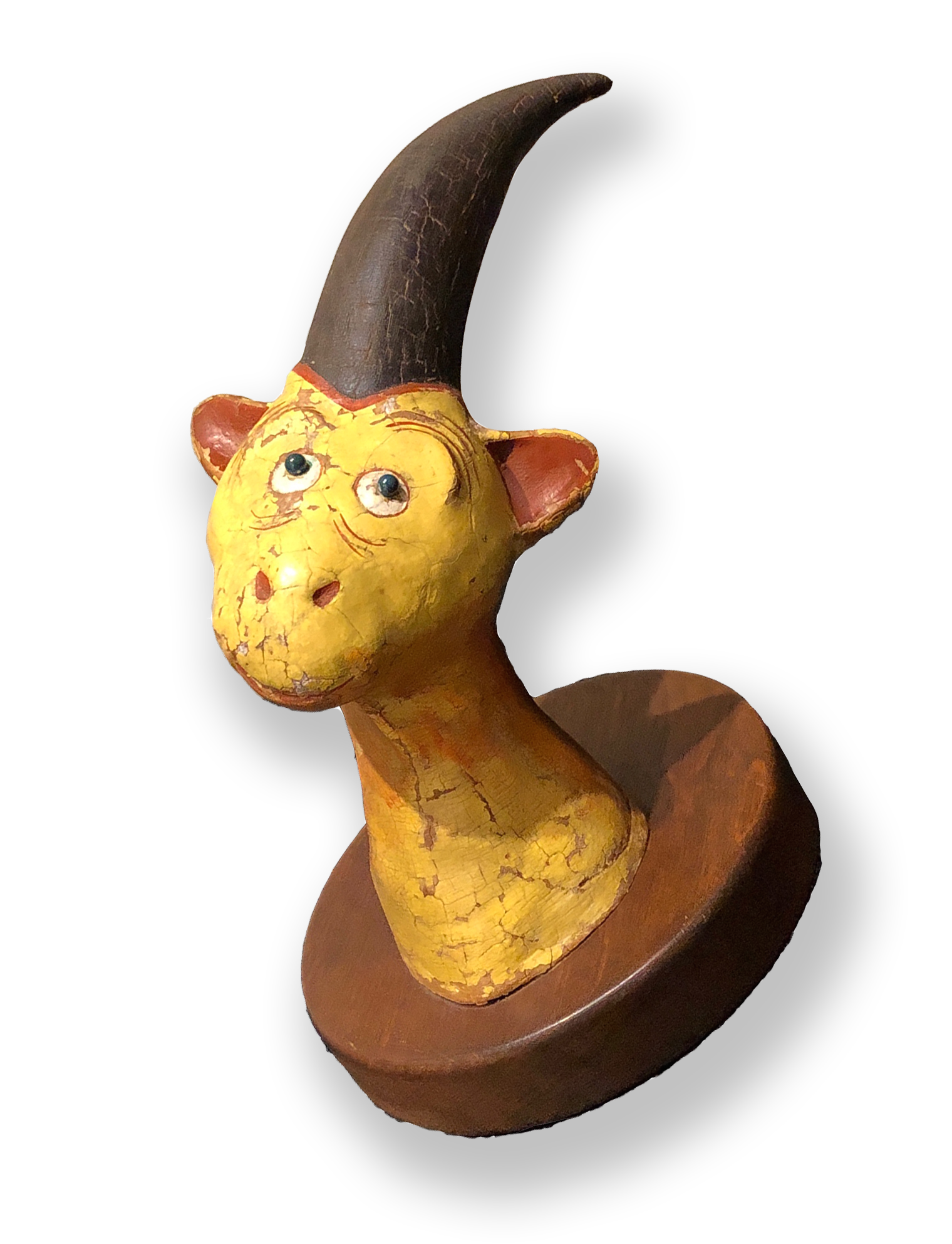 “The Mulberry Street Unicorn” Original Unorthodox Taxidermy Measuring, approximately 7. 5 inches (height) by 5 3/4 inches (depth) by 3.5 inches (width) (excluding base) Base 5” Original clay sculpture with oil paint mounted on a wood plaque. Produced in New York , 1938