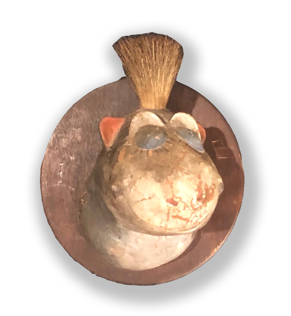 “The Tufted Gustard” Original Unorthodox Taxidermy Measuring, approximately 7. 5 inches (height) by 5 3/4 inches (depth) by 3.5 inches (width) (excluding base) Base 5” Original clay sculpture with oil paint mounted on a wood plaque. Produced in New York , 1938
