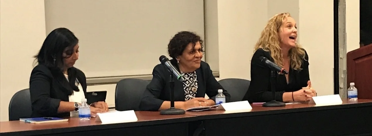(Left to Right) ASPIRE’s Drs. Dasgupta and El-Bassel join a panel with Tripodi Lecturer, Liz Pender (USAID), at the School of Social on October 2nd.