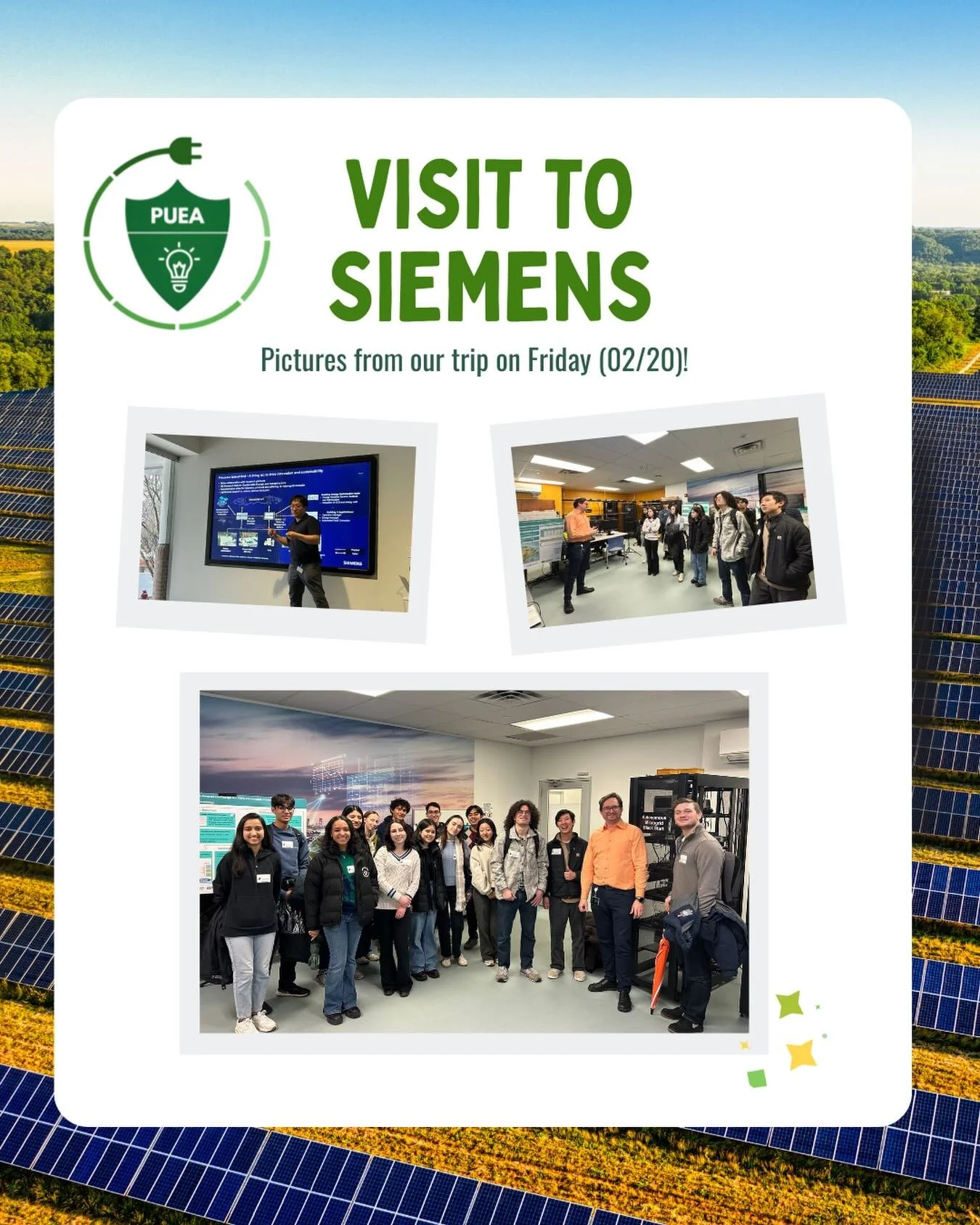 This past Friday, PUEA had the opportunity to visit the Distributed Energy Systems Lab at Siemens! We learned how their team transfers research into innovative solutions using realistic operational environments. Thank you to Siemens for hosting us an