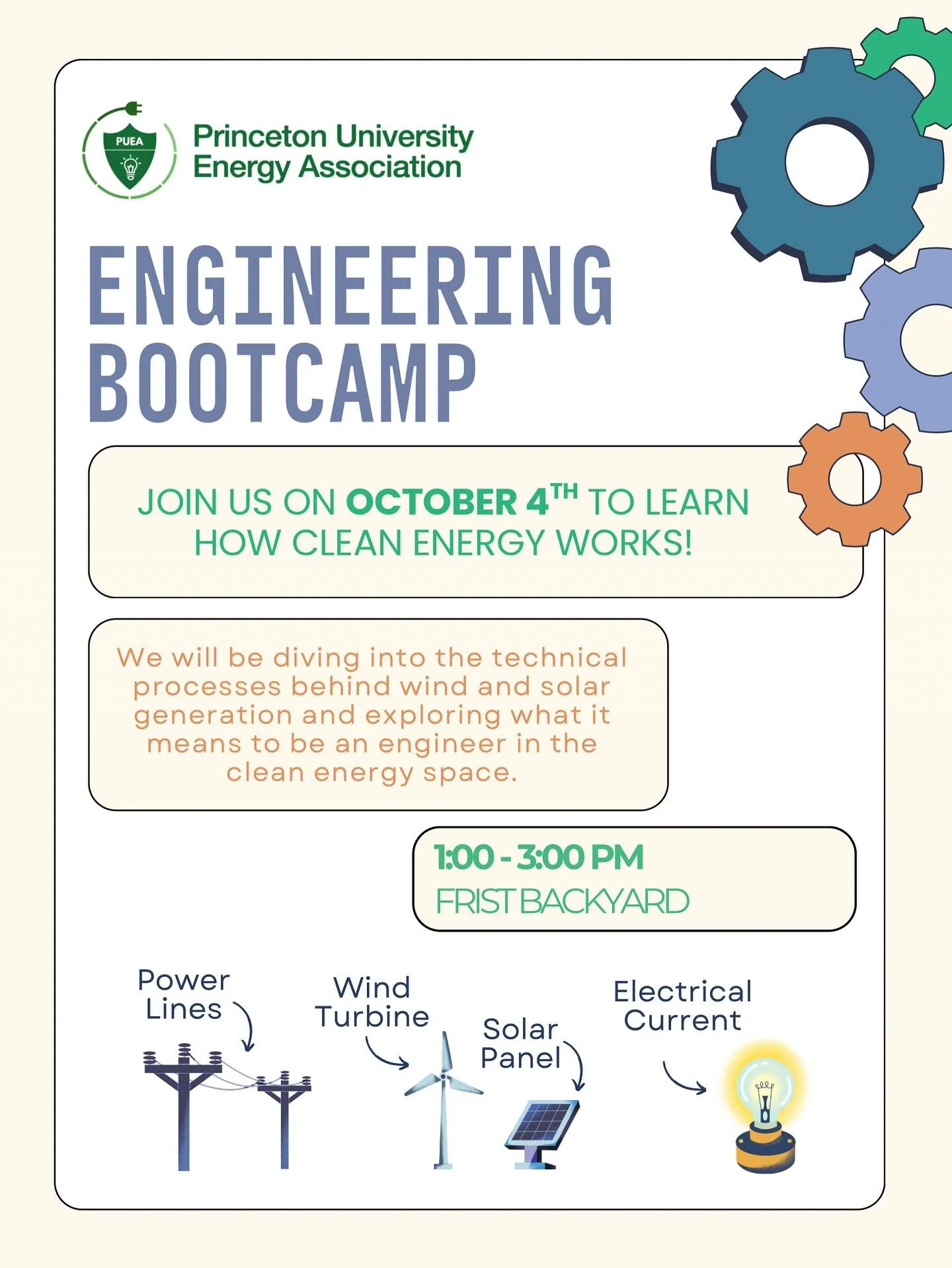 ⚡️Interested in the engineering behind solar energy and wind turbines?⚡️

Join us this Saturday(10/04) at Frist Lower Lawn from 1PM-3PM for PUEA&rsquo;s Engineering Bootcamp!
