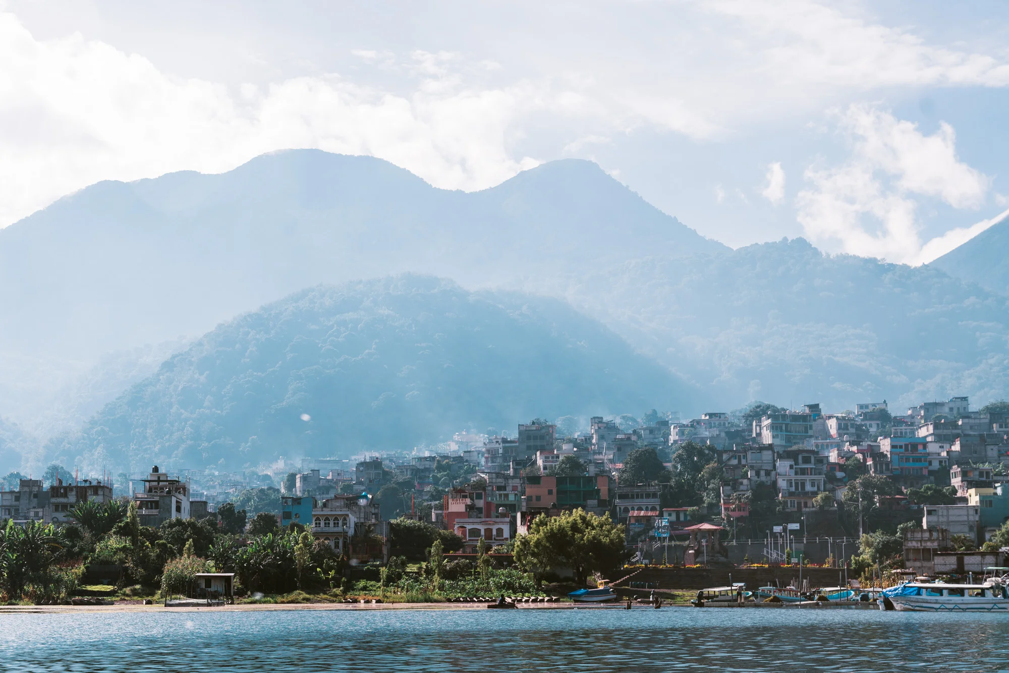 View from the water towards the city Santiago at Lake atitlan