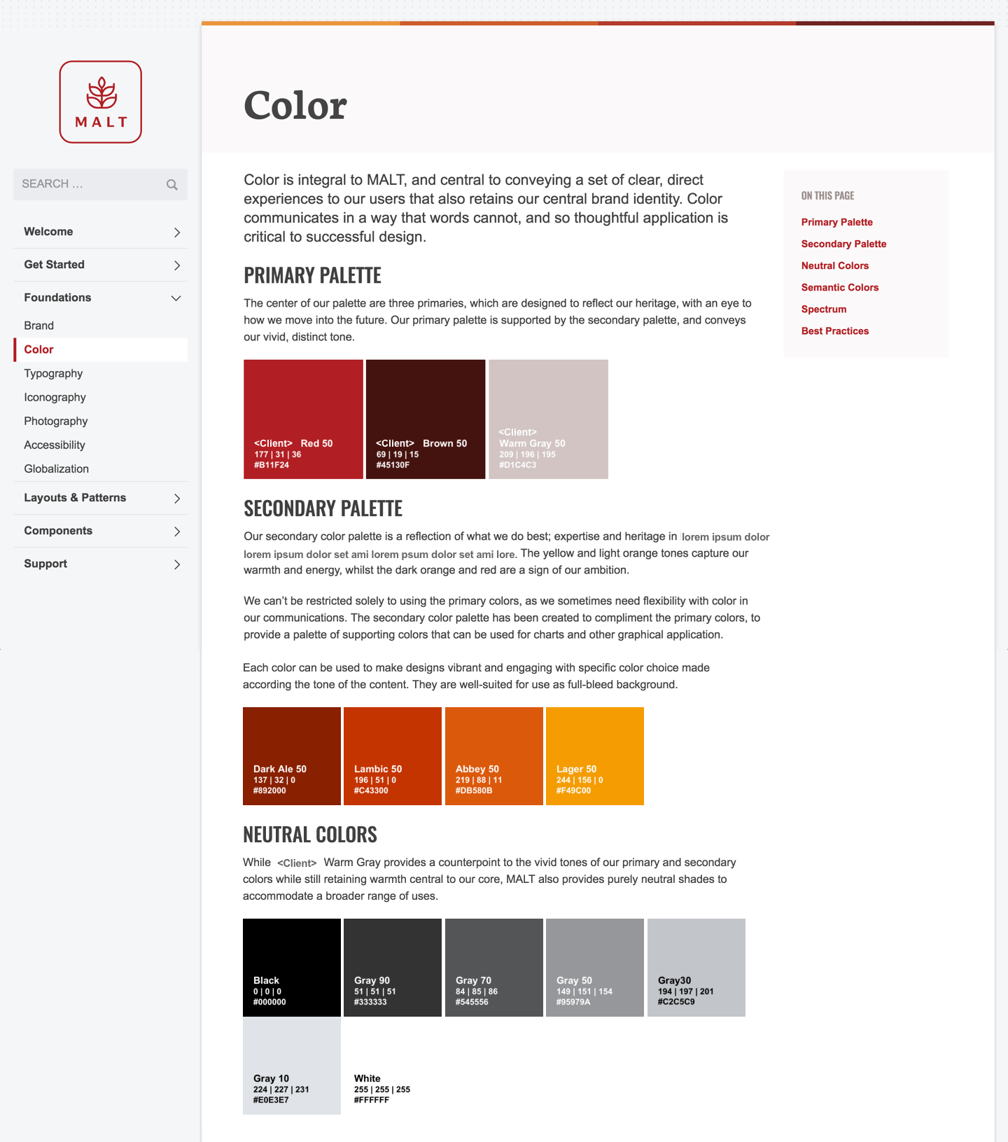 MALT Design System - Color page