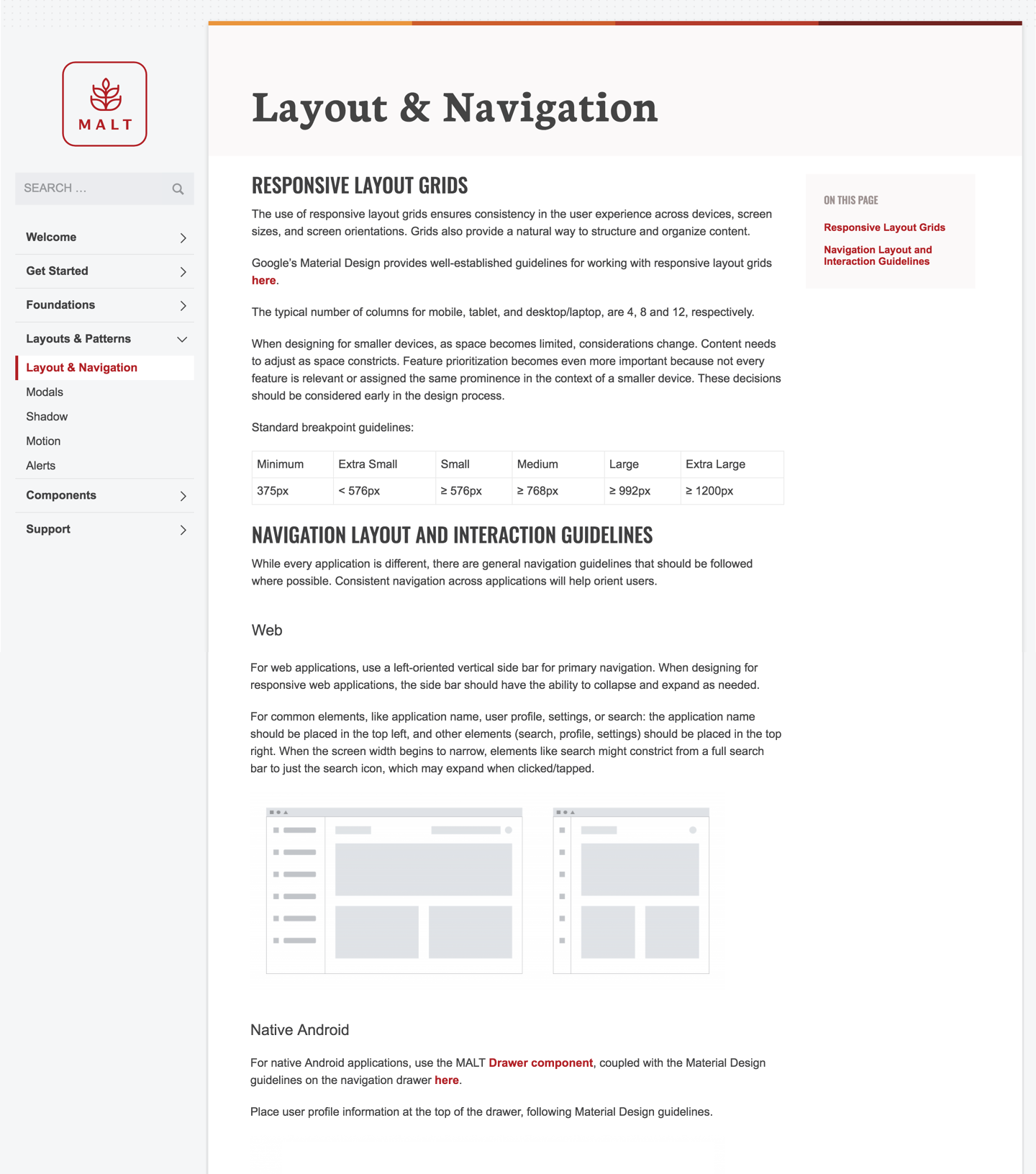 MALT Design System - Layout &amp; Navigation page