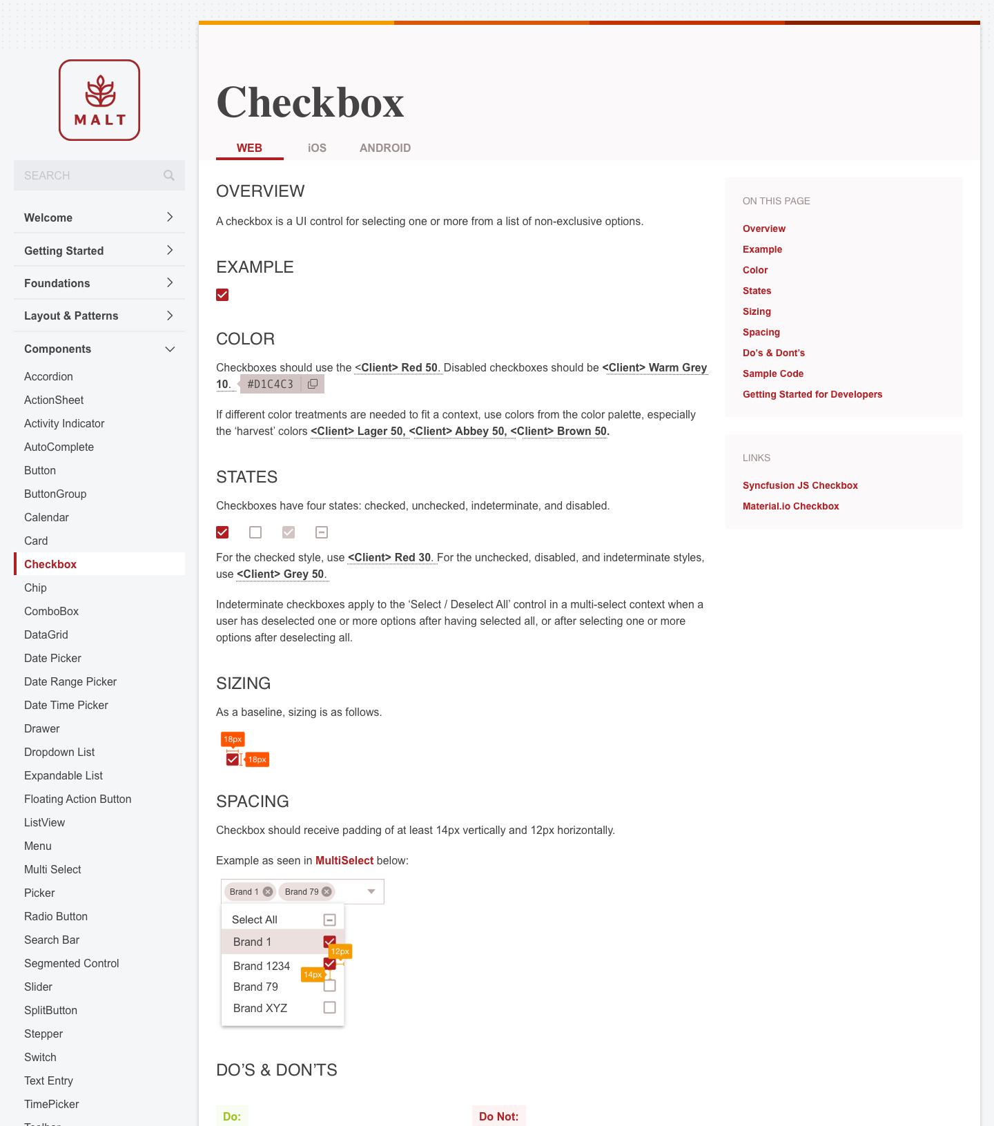 MALT Design System - Checkbox Component page