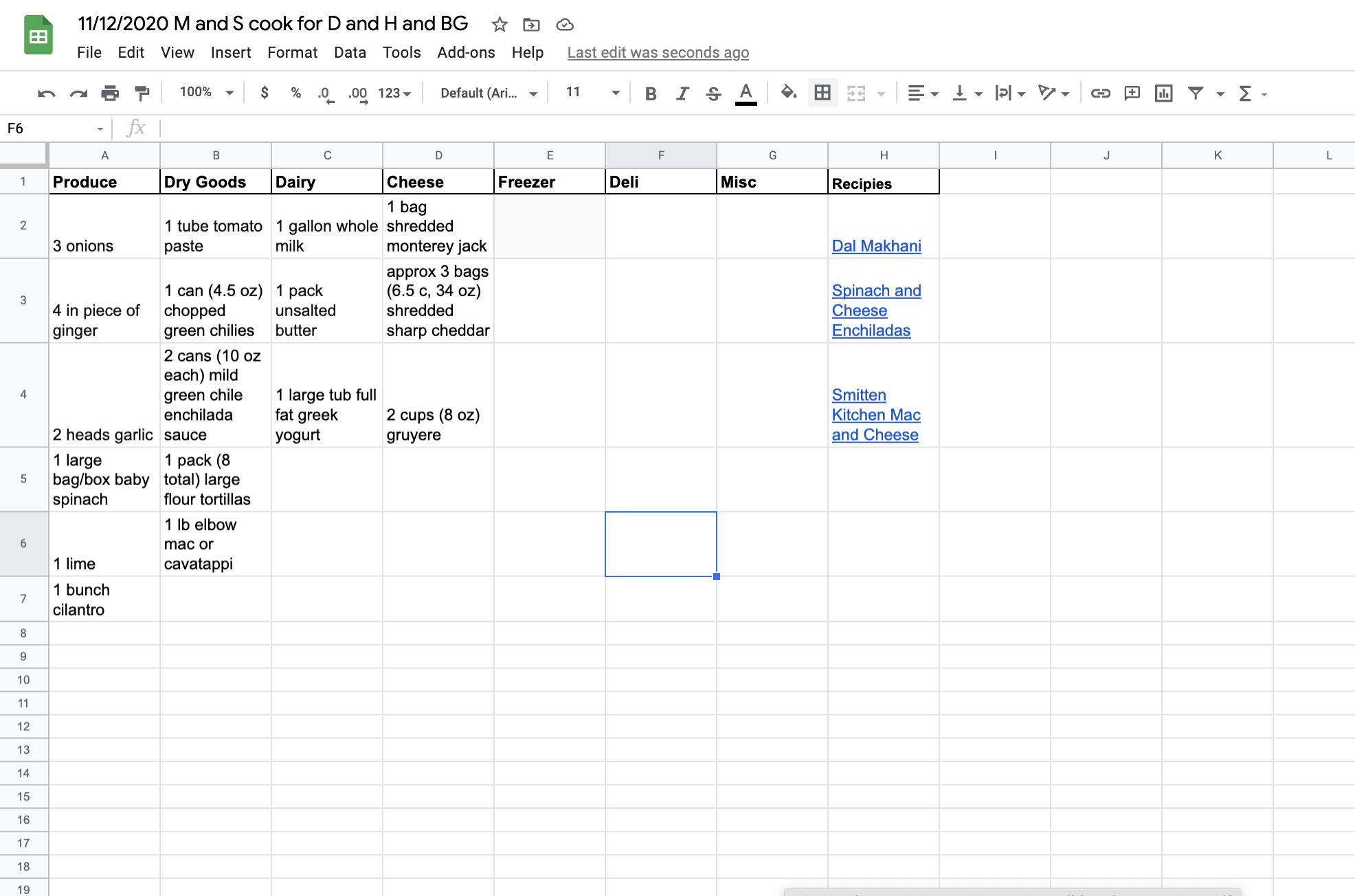 Sample 3 Dish Shopping List