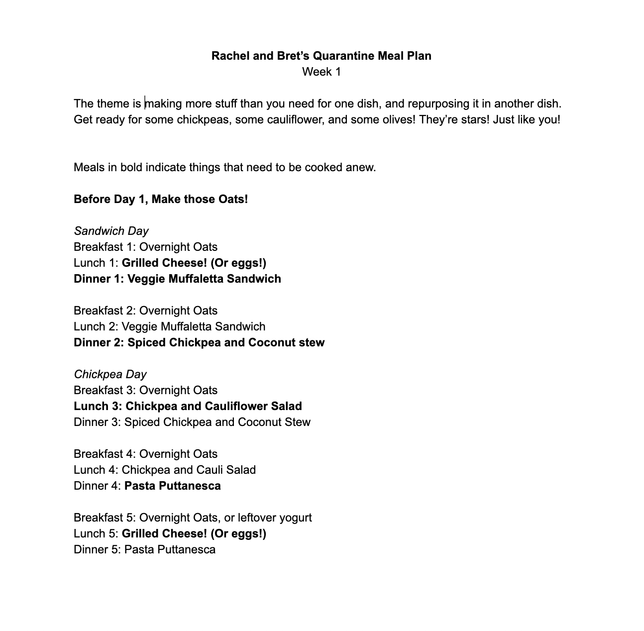 Sample 5 Day Meal Plan