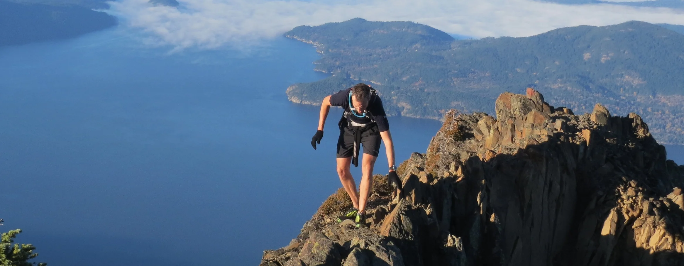 Ridgeline scrambling high on Mt. Brunswick along the Howe Sound Crest Trail.