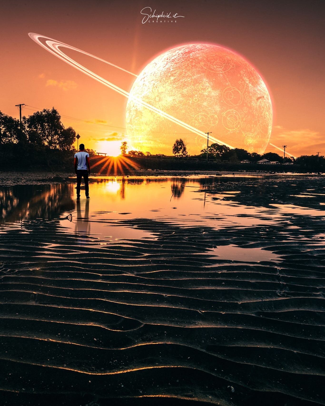 A seamless (I hope) combination of real-world photographic finesse and tasteful photoshop augmentation to reality. Taken at Brighton Park, Queensland, Australia @ sunset and edited using Lightroom, Photoshop, AlienSky and Humans.