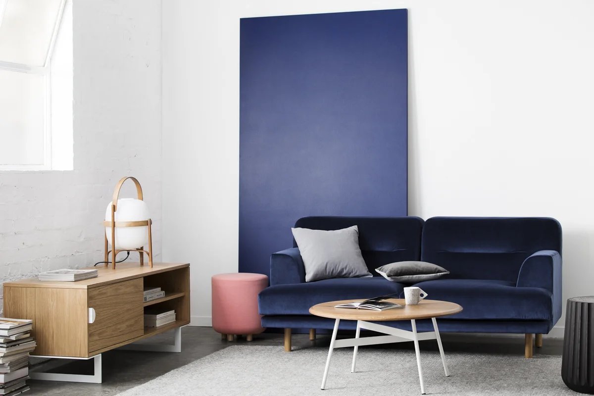 Camille 2.0 seater sofa with Felix sideboard , Edgar coffee table and Coco ottoman .