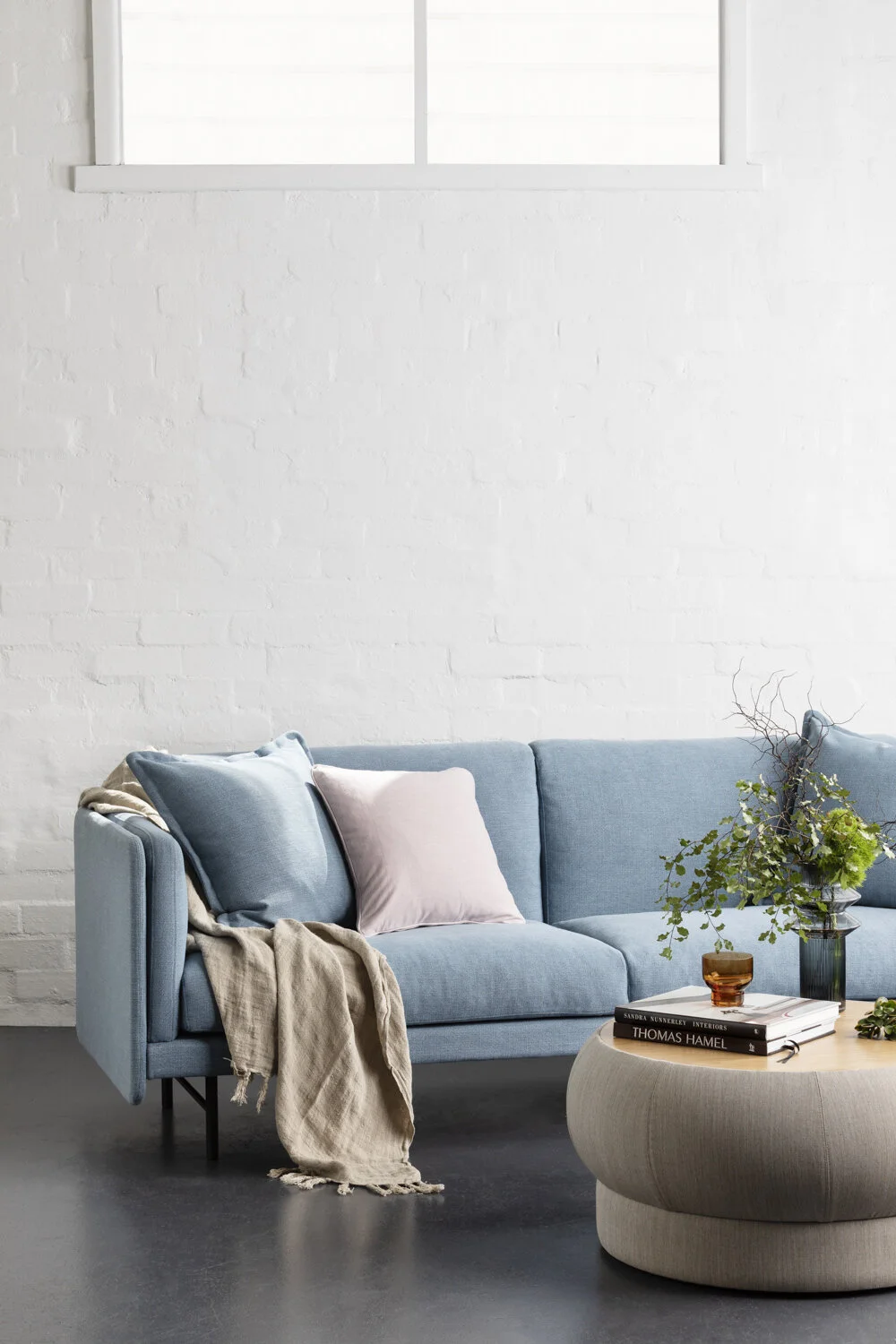 Pink Soft Pink Blush Cotton Cushion Pillow with Blue Toulouse sofa anaca studio