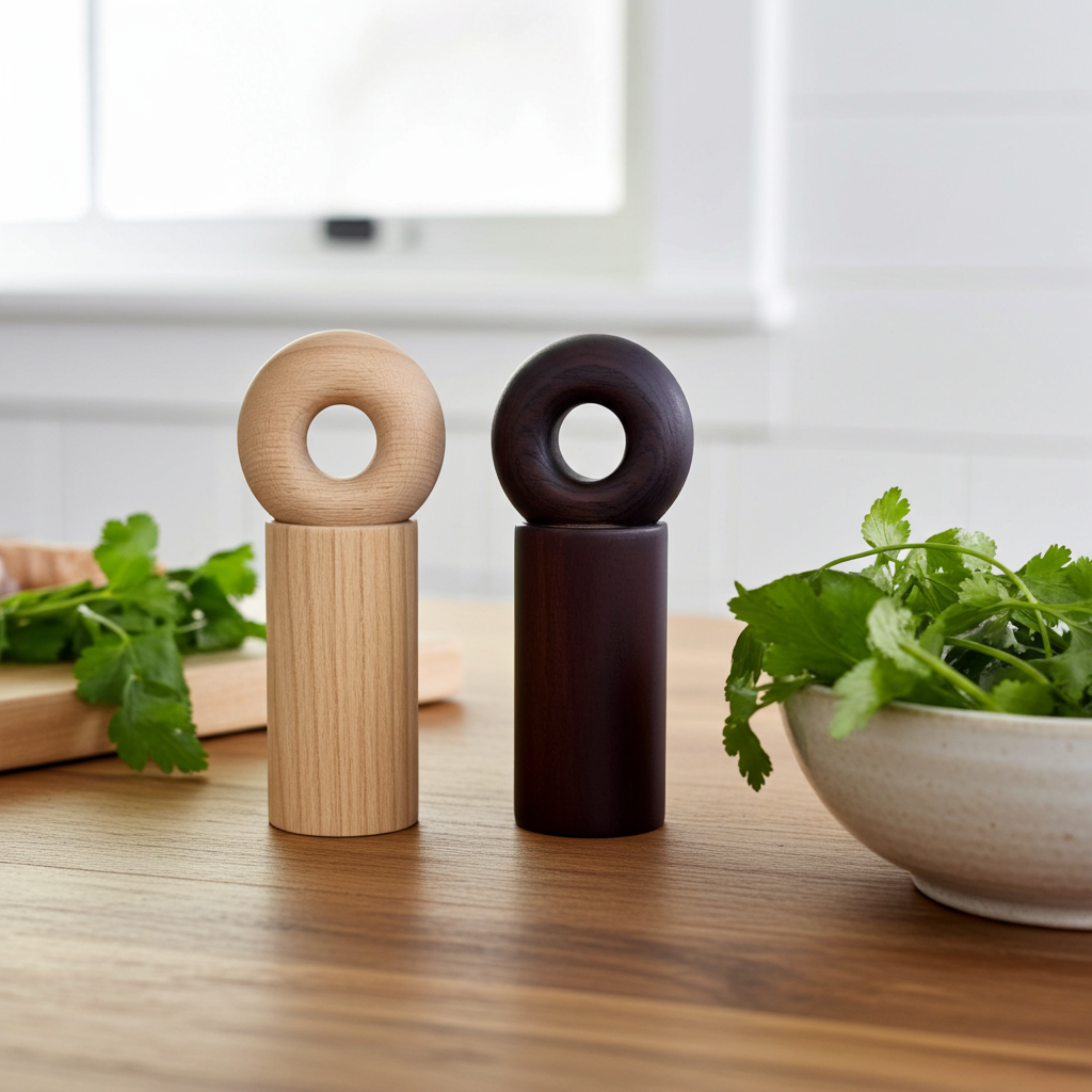 wooden salt and pepper grinders on a timber table with green herbs