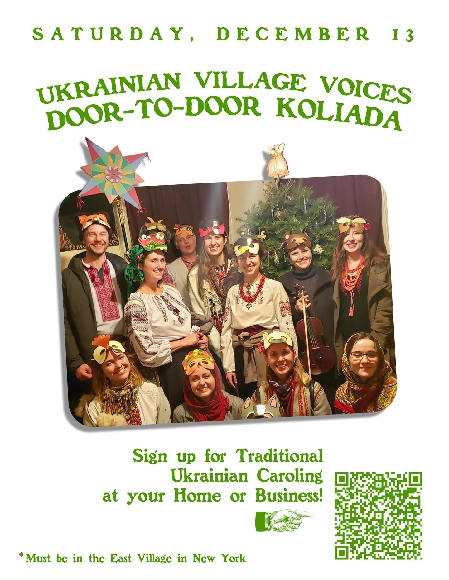 We are bringing our traditional koliada to the East Village on December 13. 🎶🌟🎄 Let our winter songs and carols bring your family or your business the joy and blessings of the holiday season and the new year! Fill out the form via the QR code or l