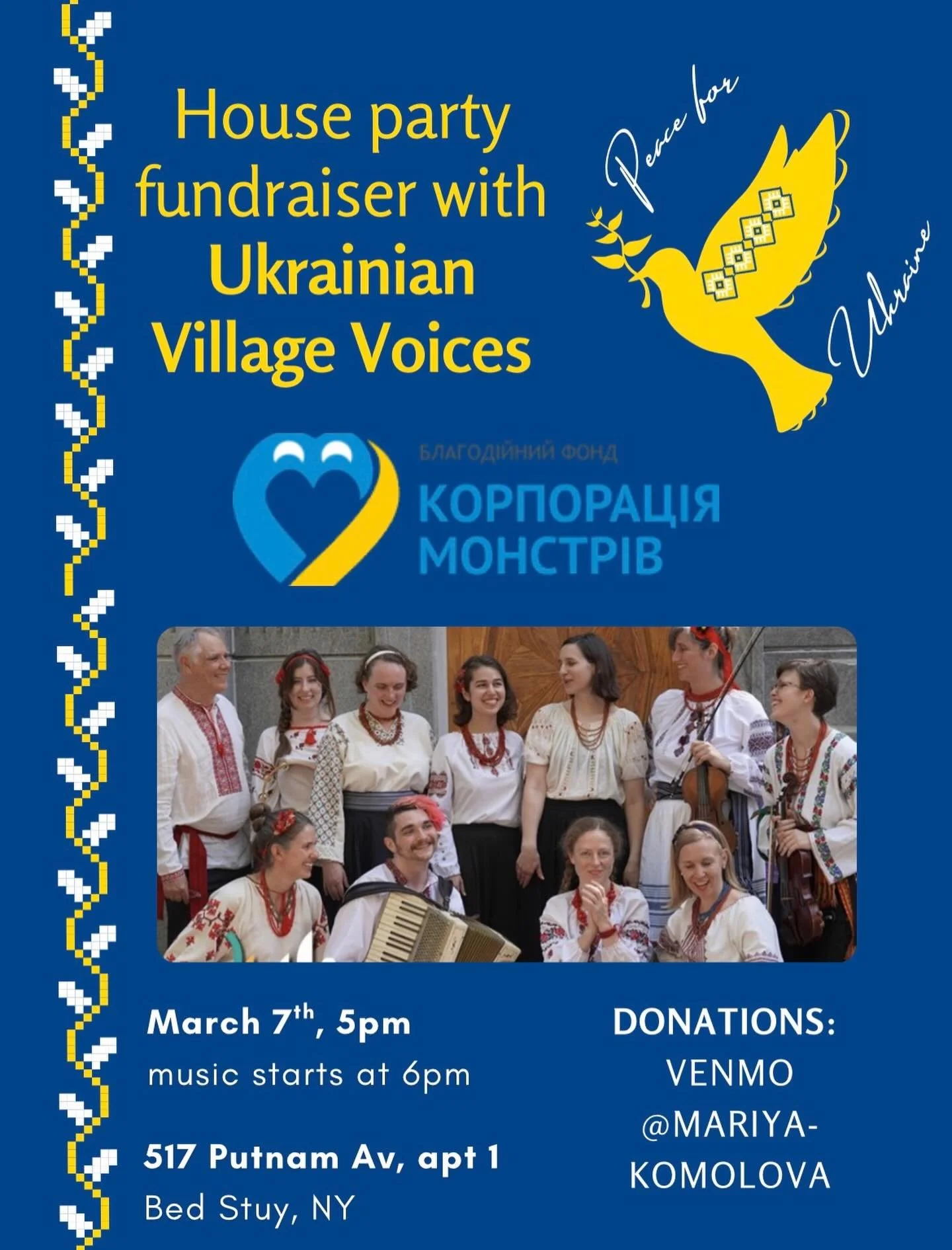 Hello friends 👋

Come see us perform this Saturday, March 7th, at a wonderful house party-charity event to kick off the springtime 🌼🌸🌻 Our lovely hosts will be providing Ukrainian food, drinks, and hospitality! All donations will go directly to a