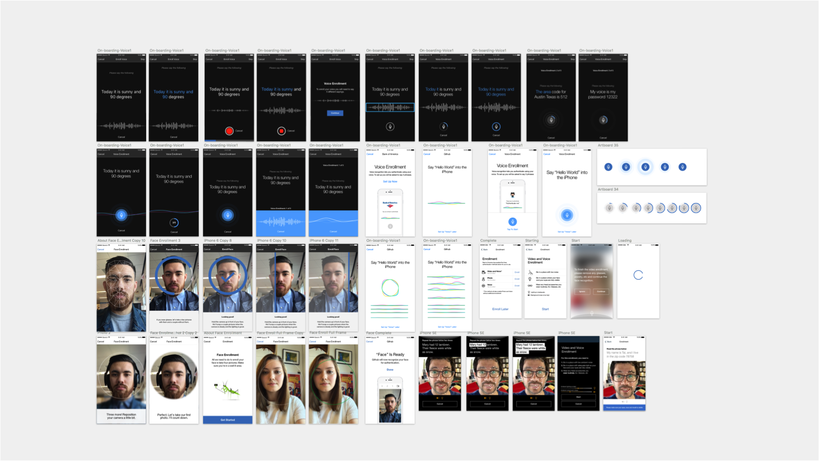 Early digital wireframes experimenting with biometric authentication, like voice, face, and video recognition. 