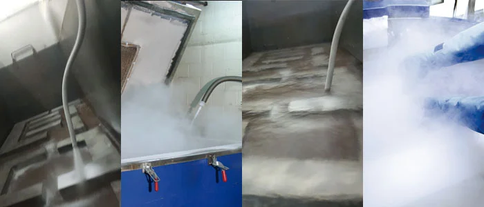 Figura 1. En esta imagen se muestra cómo el acero es sometido a nitrógeno liquido para llevar el material a la temperatura de -196°C para después subir a temperatura ambiente y cumplir de esta manera con el proceso criogénico. La imagen ha sido reproducida del sitio web de Duralitte, una compañía dedicada a la fabricación de componentes industriales: http://www.duralitte.com/tratamiento-criogenico.html