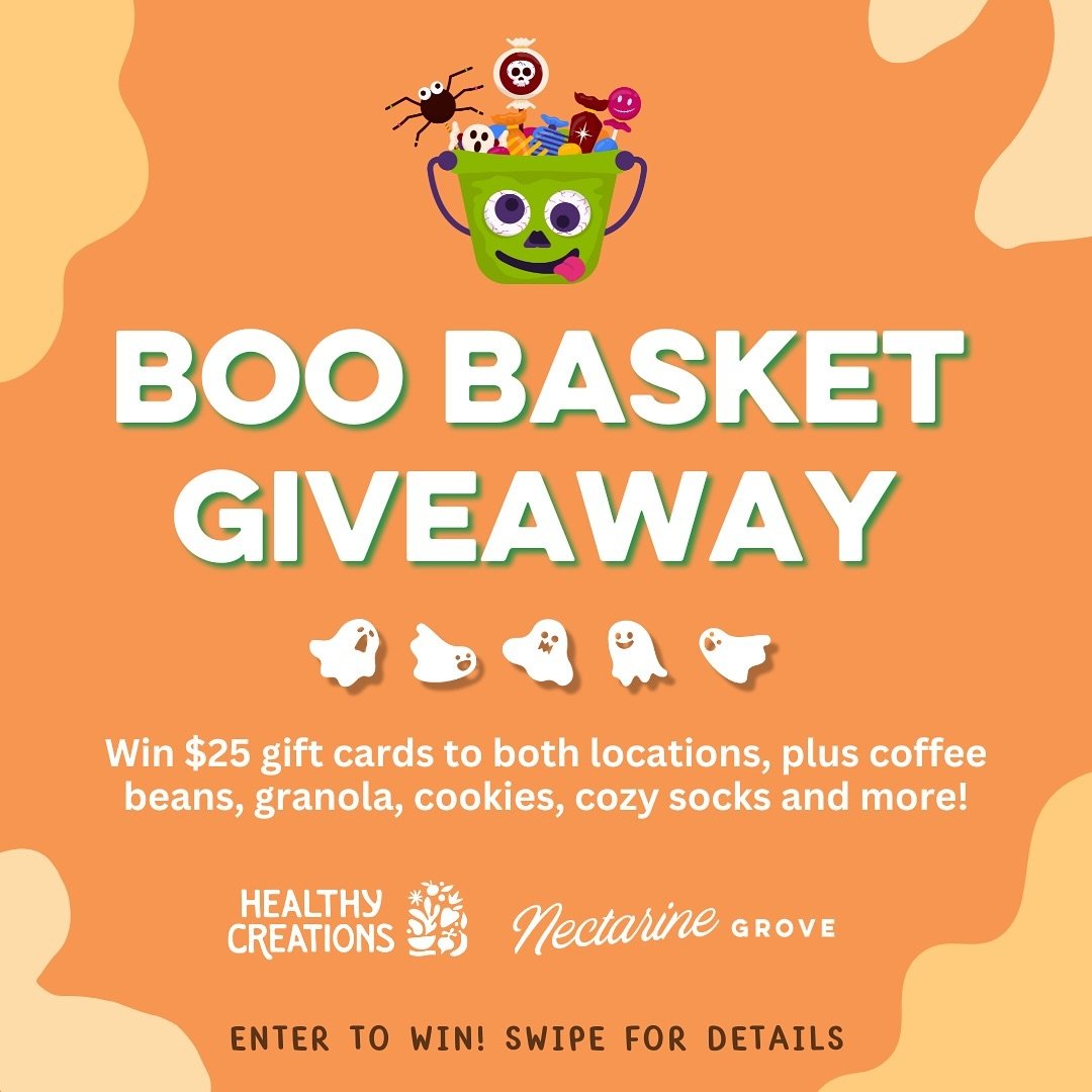 🎃✨ BOO Basket Giveaway! ✨🎃

We&rsquo;re teaming up to treat you with a spooky-fun BOO Basket filled with goodies from both @nectarinegrove and @healthycreationscafe! 🎃 Inside, you&rsquo;ll find $25 gift cards to each location, delicious coffee bea
