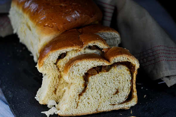 Pumpkin Raisin Swirled Milk Bread_sliced loaf overhead.jpg