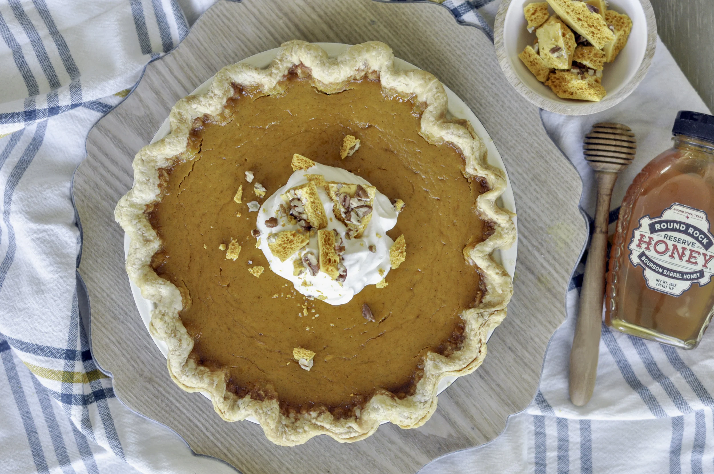 Pecan Honeycomb Buttermilk Pumpkin Pie_Whole Pie Overhead.jpg