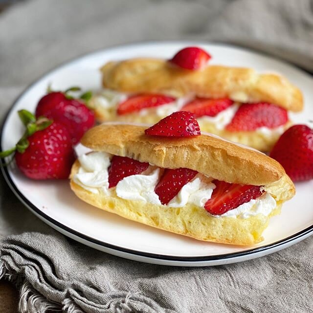 Choux pastry week! This week I tackled eclairs. I haven&rsquo;t made choux in awhile and unfortunately, it didn&rsquo;t turn out quite as well as I would have liked, but my tiny tasters didn&rsquo;t seem to mind! I tried 2 types: Strawberries with ma