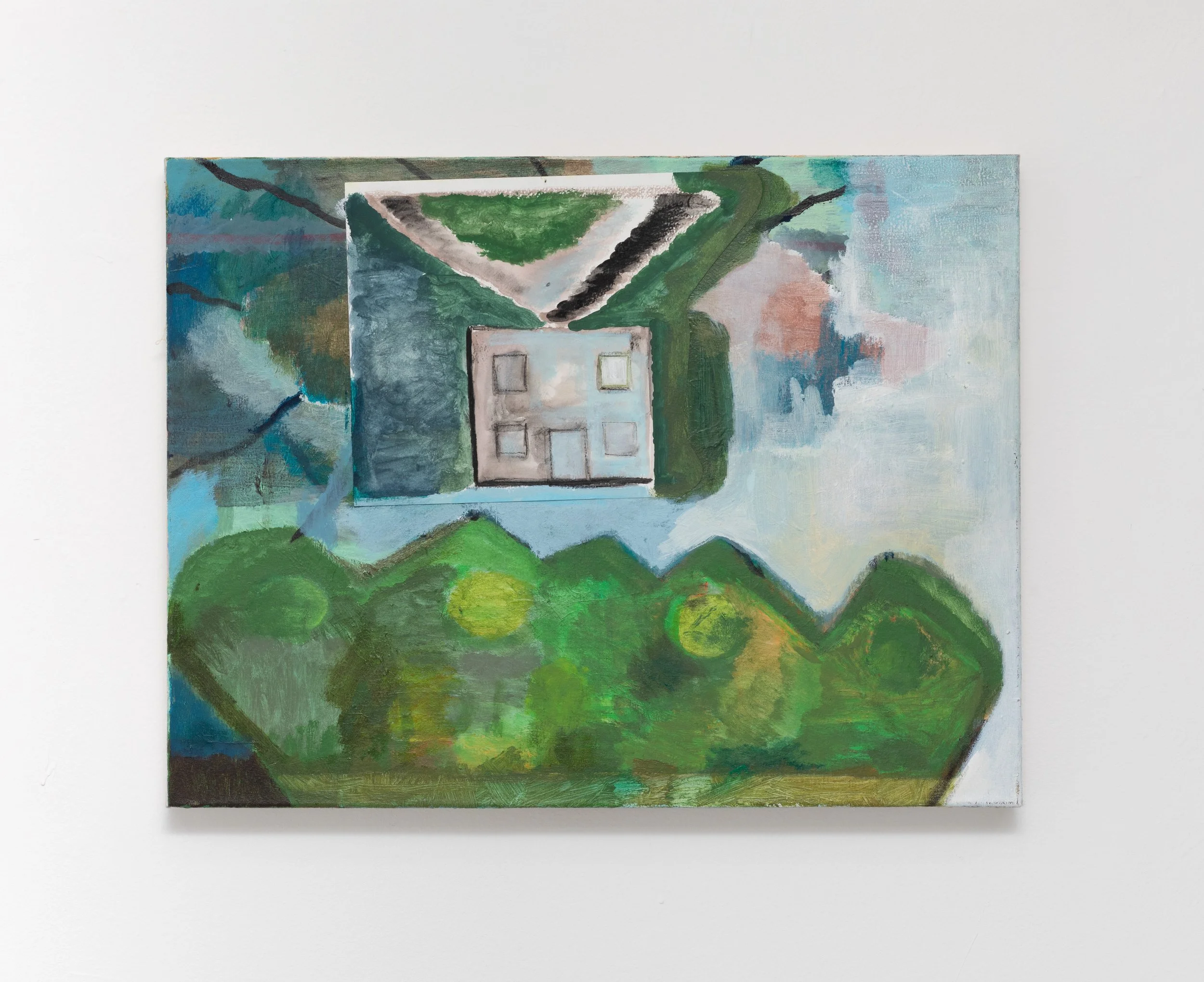 Landscape imagines Morandi's summer house   2023-24
Acrylic, flashe and collage on canvas. 46x60cm