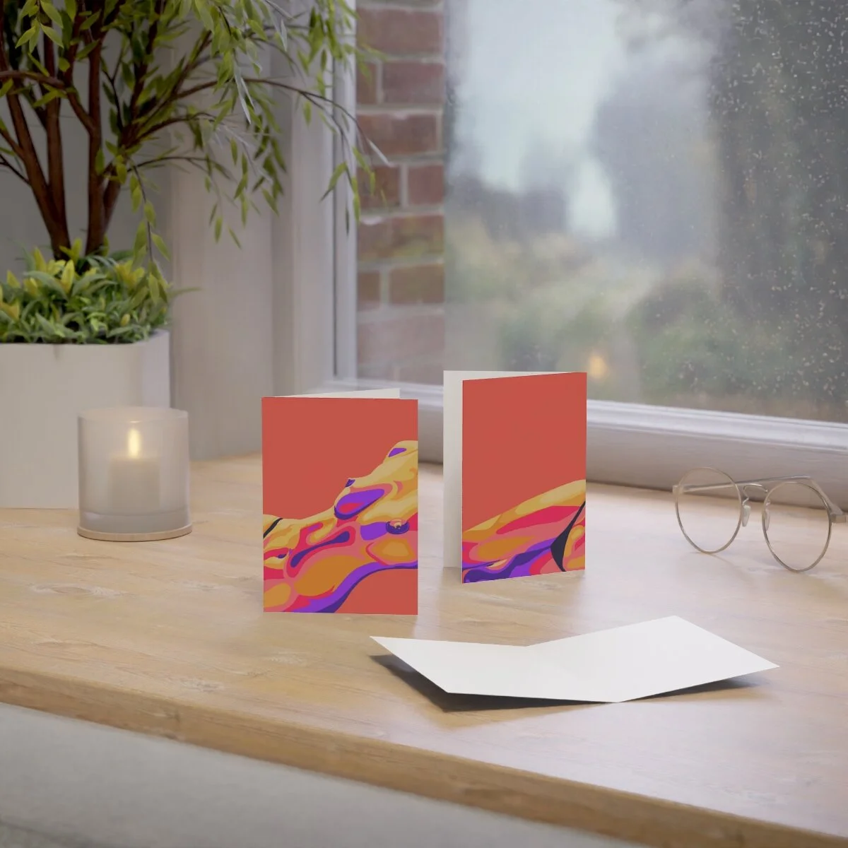 Lifestyle Image of two greeting cards with wrap around sultry digital nude art printed