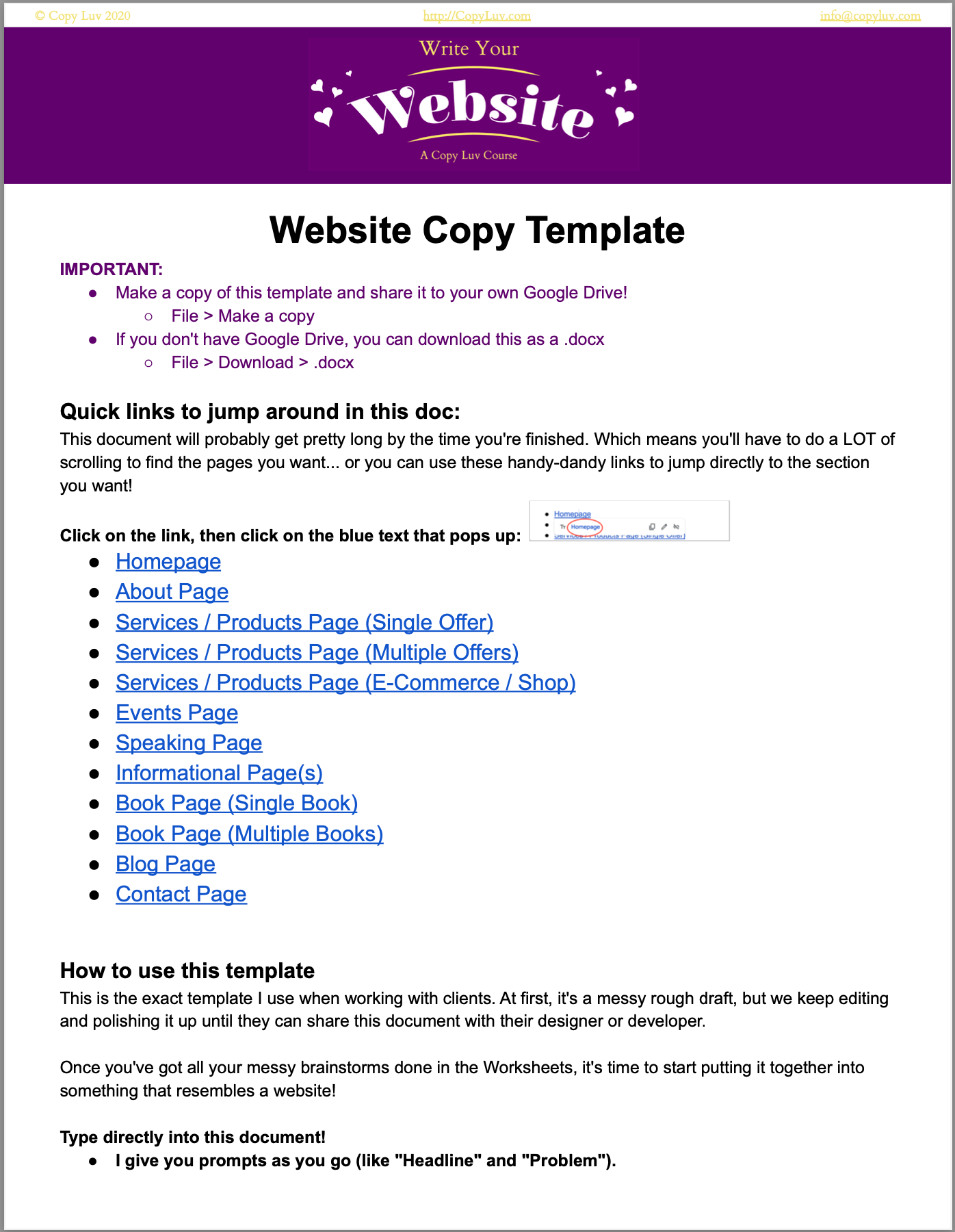 Write Your site — Copy Luv Courses