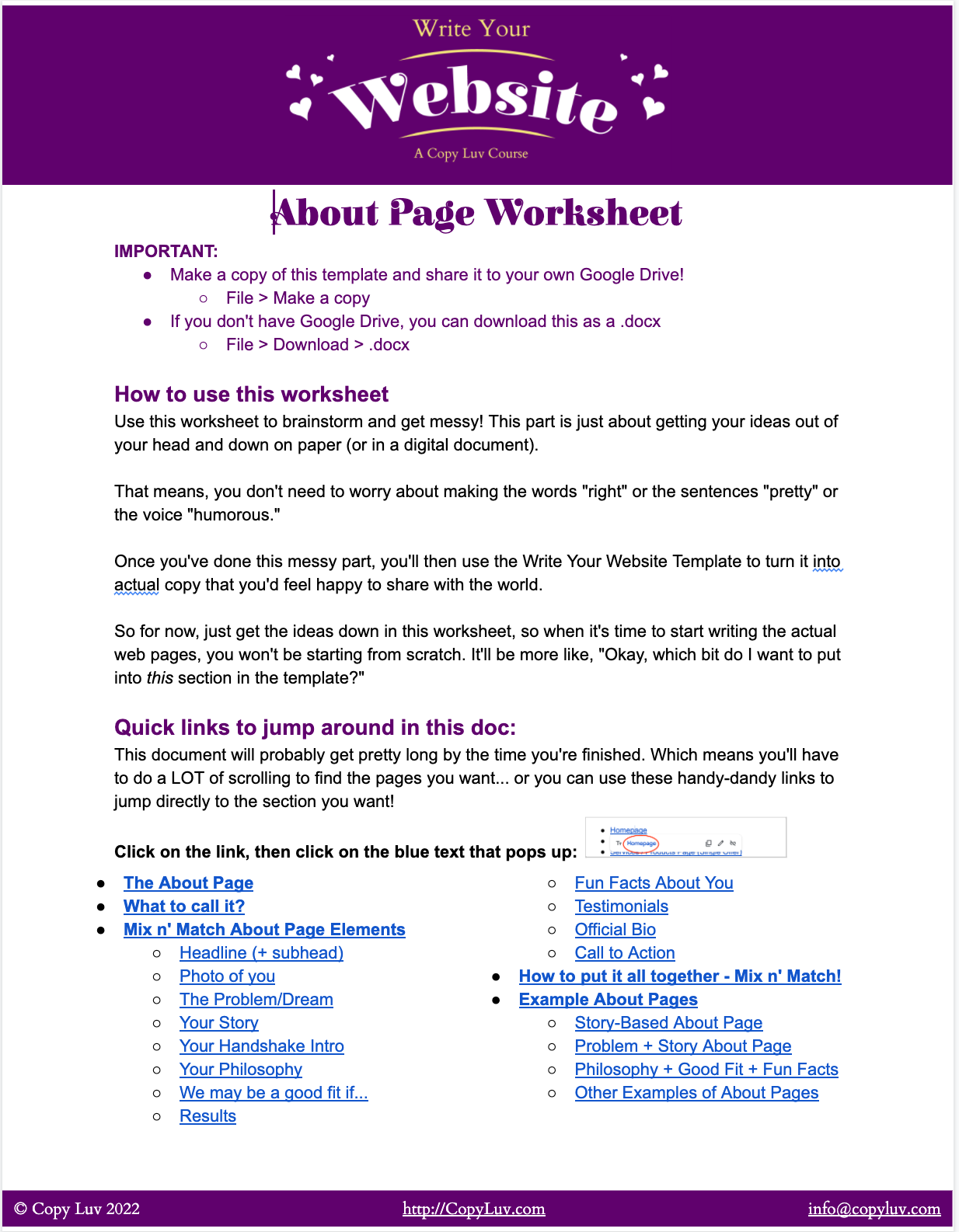 A screenshot of the About Page worksheet