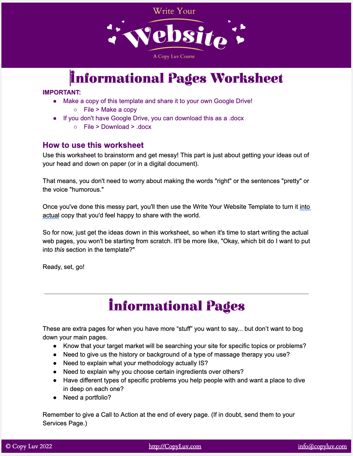 A screenshot of the Informational Pages Worksheet