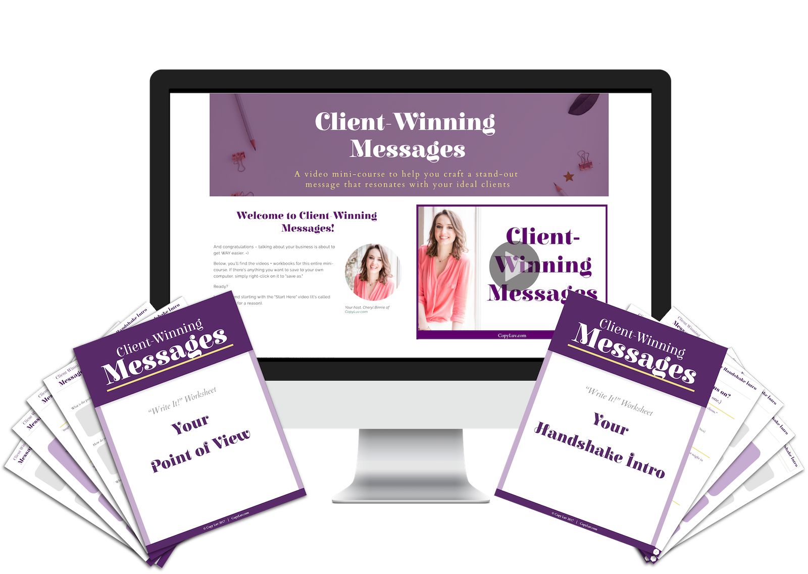 A computer monitor showing the classroom for Client-Winning Messages, and two sets of workbooks