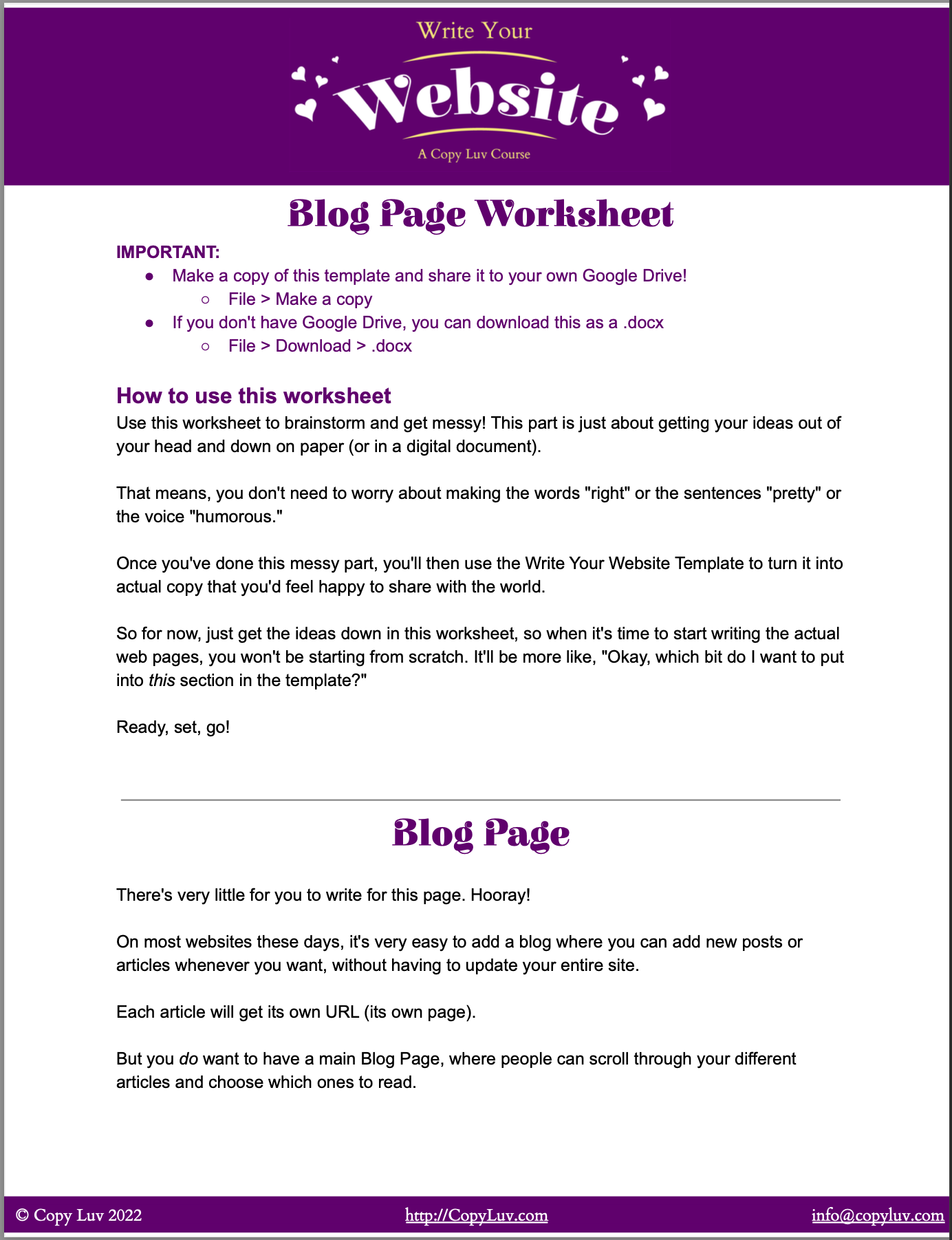 A screenshot of the Blog Page Worksheet