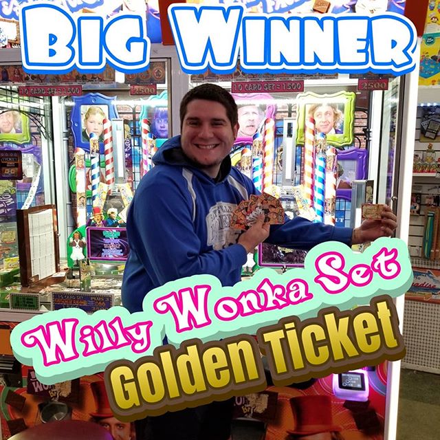 He got a Golden Ticket!!! Another Willy Wonka Set winner at #EdsFuncade. More Winners More Jackpots Cheapest Cranes. summer #wildwood #nj #jerseyshore #boardwalk #giveaway #drawing #beach #skeeball #arcade #theshore #winner #eds #jackpot #wonka #will