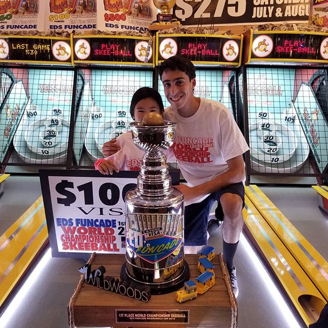Congrats Elan! Back 2 Back winner of The 7th annual World Championship Skeeball Tournament held @EdsFuncade every Saturday Labor Day Weekend. Join us Labor Day Weekend 2019 for your chance to take home Eds famous Boardwalk Cup. #summer #wildwood #nj 