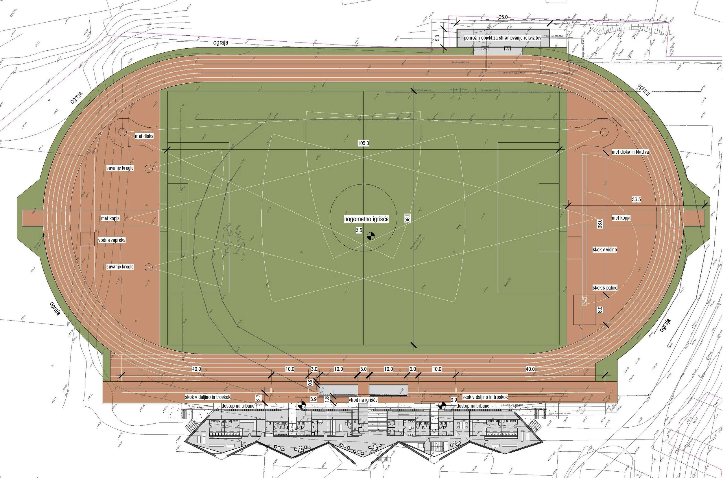 TLORIS STADIONA + 1. NADSTROPJE TRIBUN