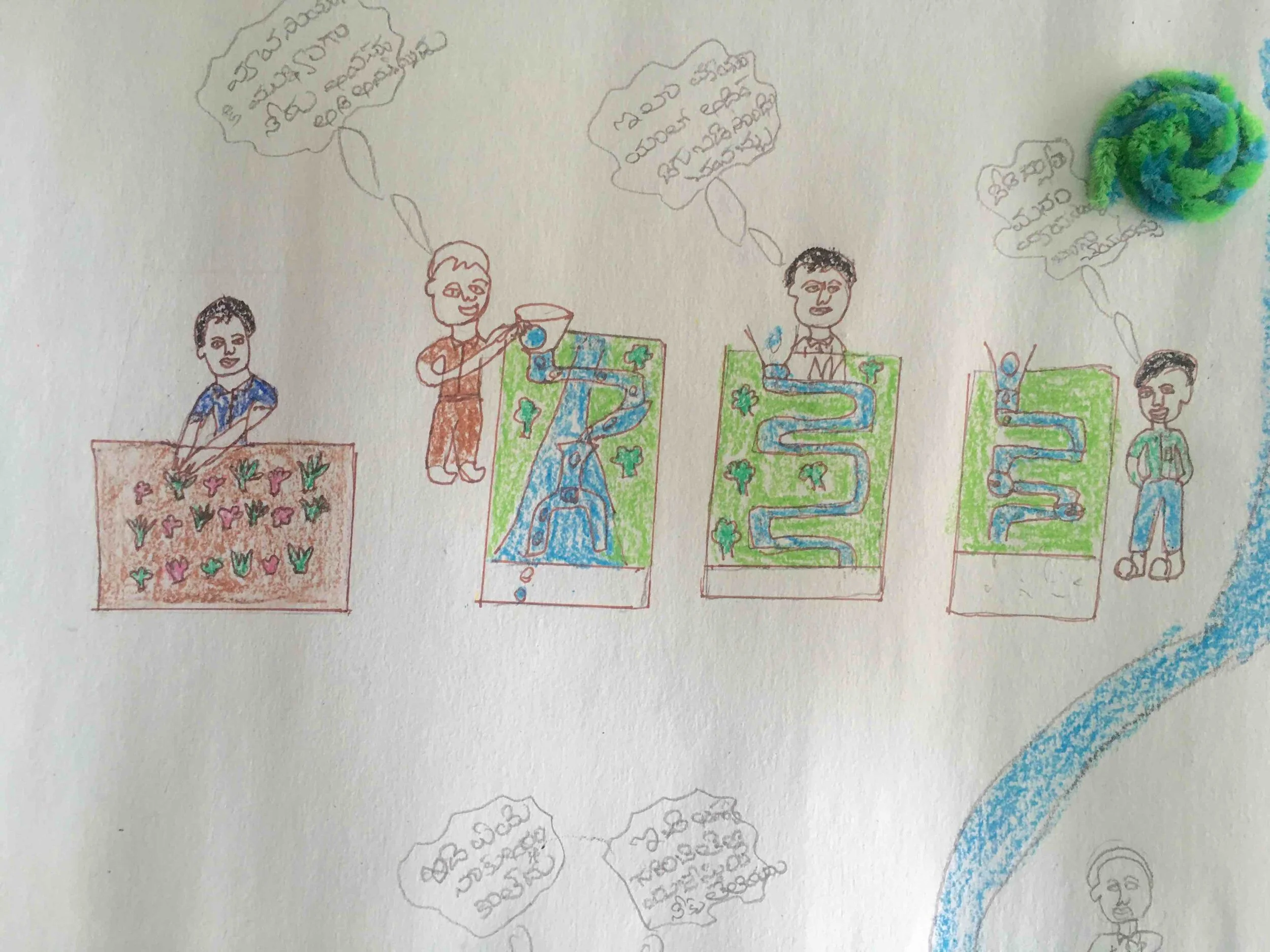 An interesting illustration style by a kid, outlined in brown