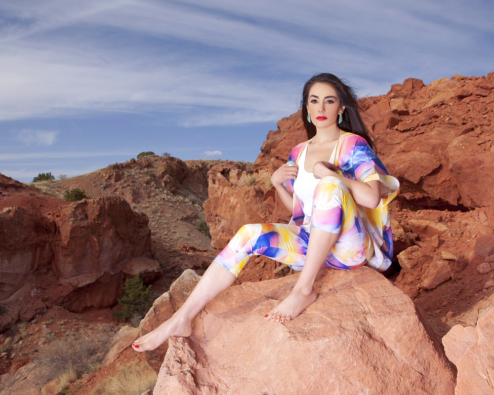 A picture of a model wearing Gendenwitha's yoga capris and Kimono, yoga essentials, Embodywear Fashions Kathy Beal artist Santa Fe NM USA