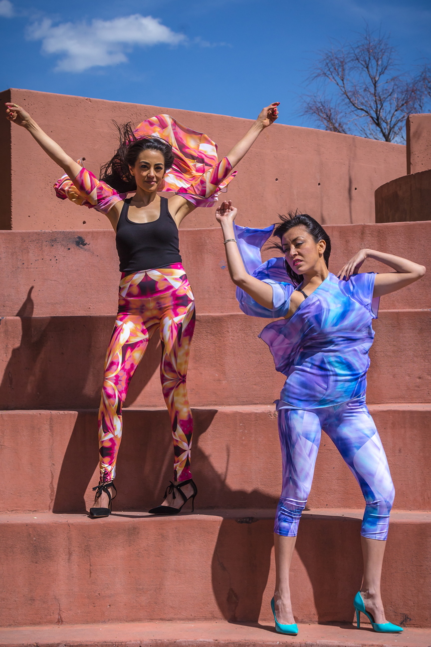 A picture of two models wearing Yoga Leggings, Yoga Capris and Kimonos, women’s activewear sets, Embodywear Fashions Artist Kathy Beal Santa Fe NM USA