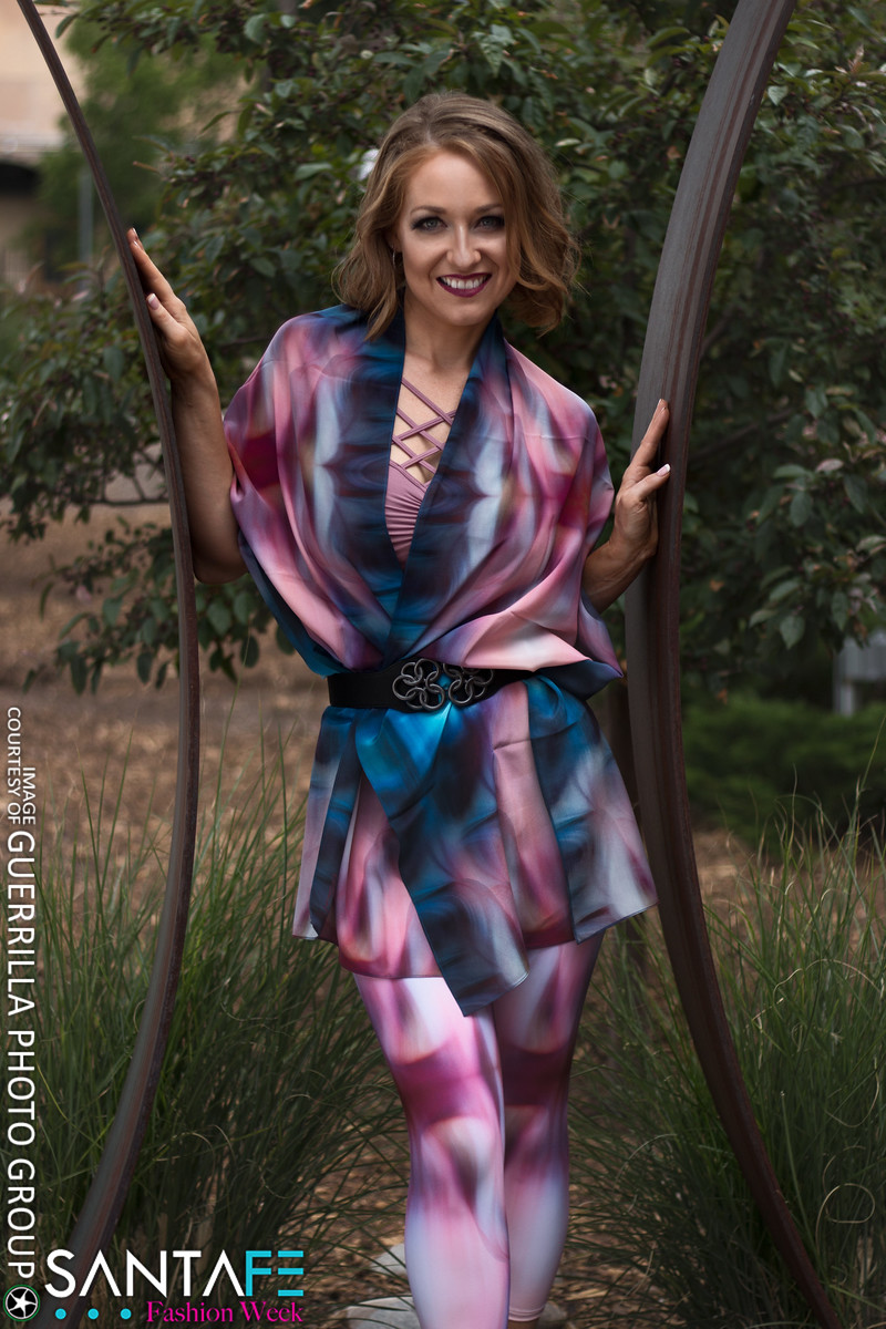 A picture of a model wearing Goddess Asteria’s Yoga Capris and Kimono, women’s activewear sets, Embodywear Fashions Artist Kathy Beal Santa Fe NM USA