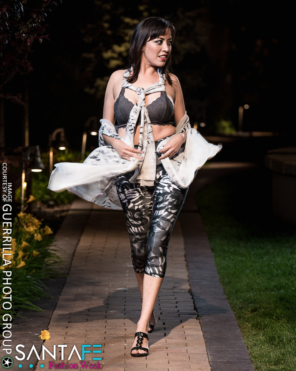 A picture of a model wearing Goddess Terra’s Yoga Capris and Kimono, women’s activewear sets, Embodywear Fashions Artist Kathy Beal Santa Fe NM USA