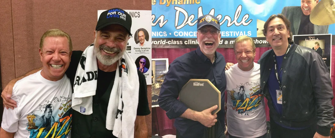 Les with Danny Seraphine, the original drummer for the band Chicago. Dom Famularo and David Frangioni stop by to visit Les and check out his amazing booth at the show.